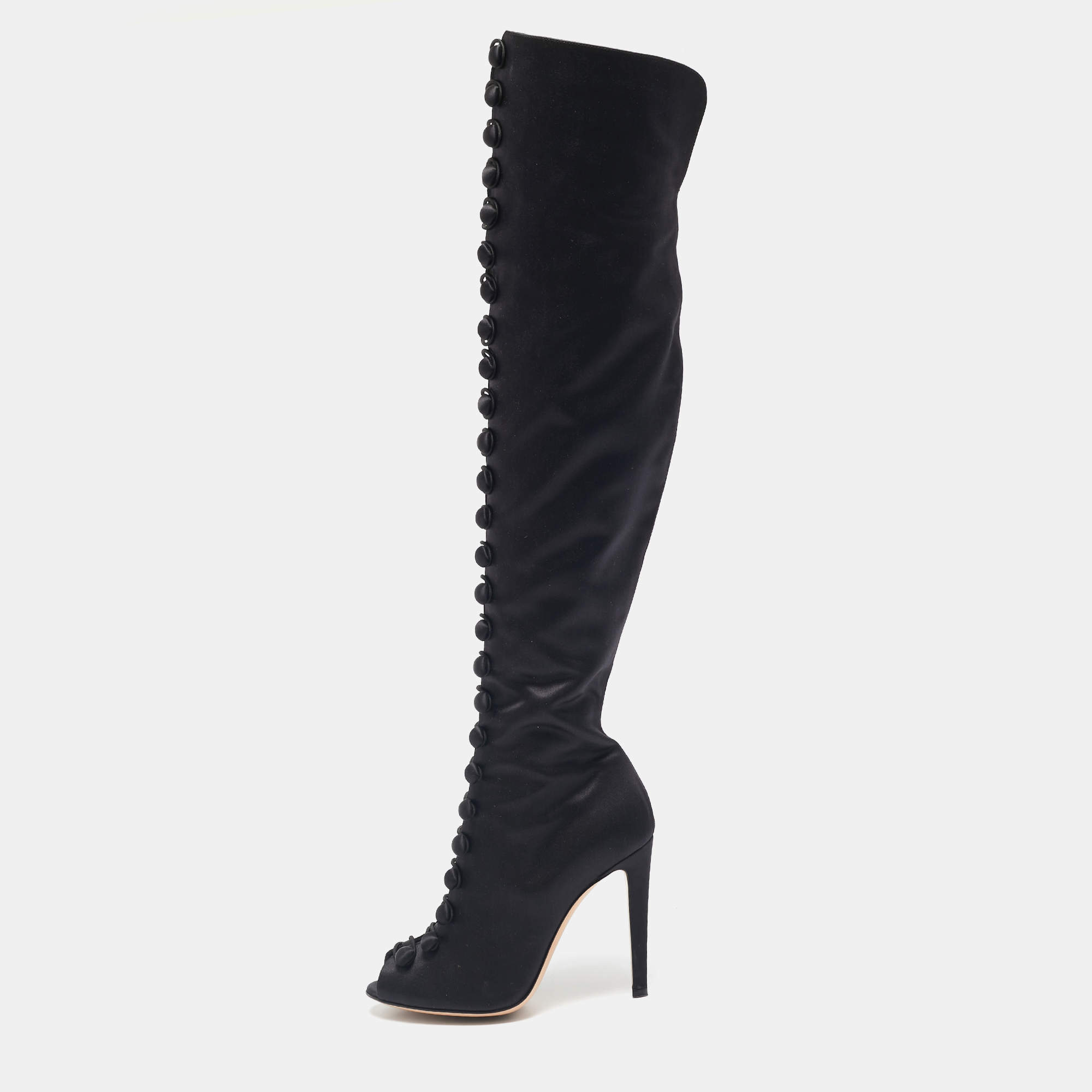 Gianvito Rossi Black Satin Button Knee Length Boots Size 37