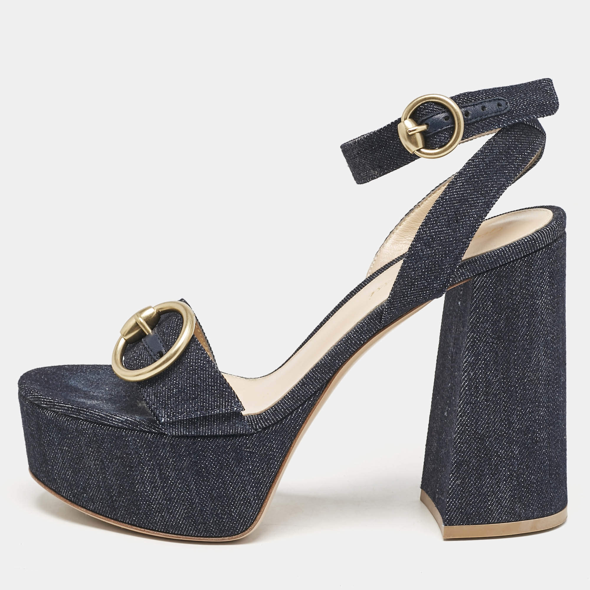 Pre Owned Gianvito Rossi Navy Blue Denim Zandra Platform Sandals Size 37