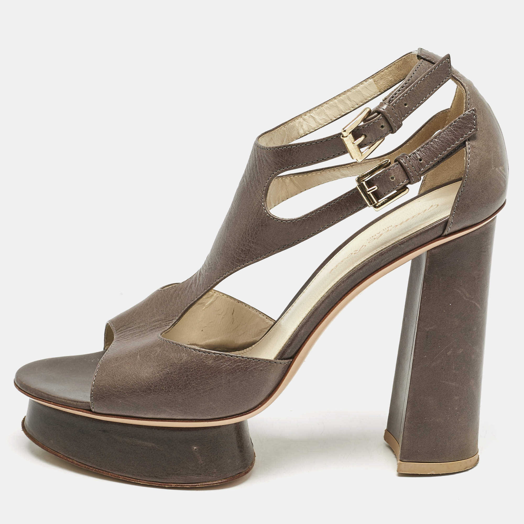 Pre Owned Gianvito Rossi Grey Leather Platform Sandals Size 38.5