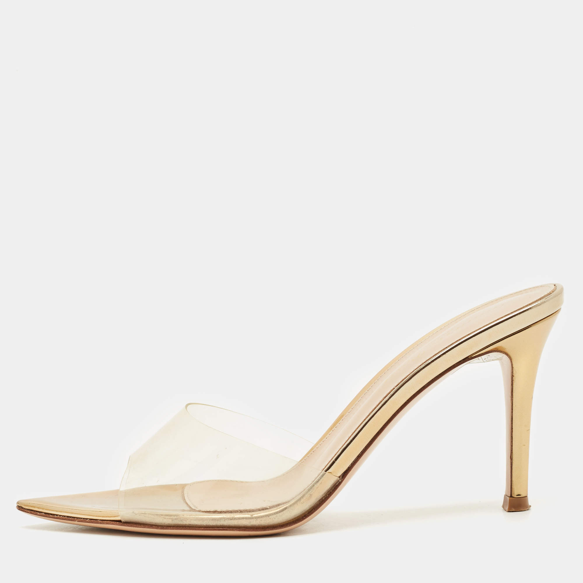 Pre Owned Gianvito Rossi Gold Patent Leather and PVC Elle Slide Sandals Size 35.5