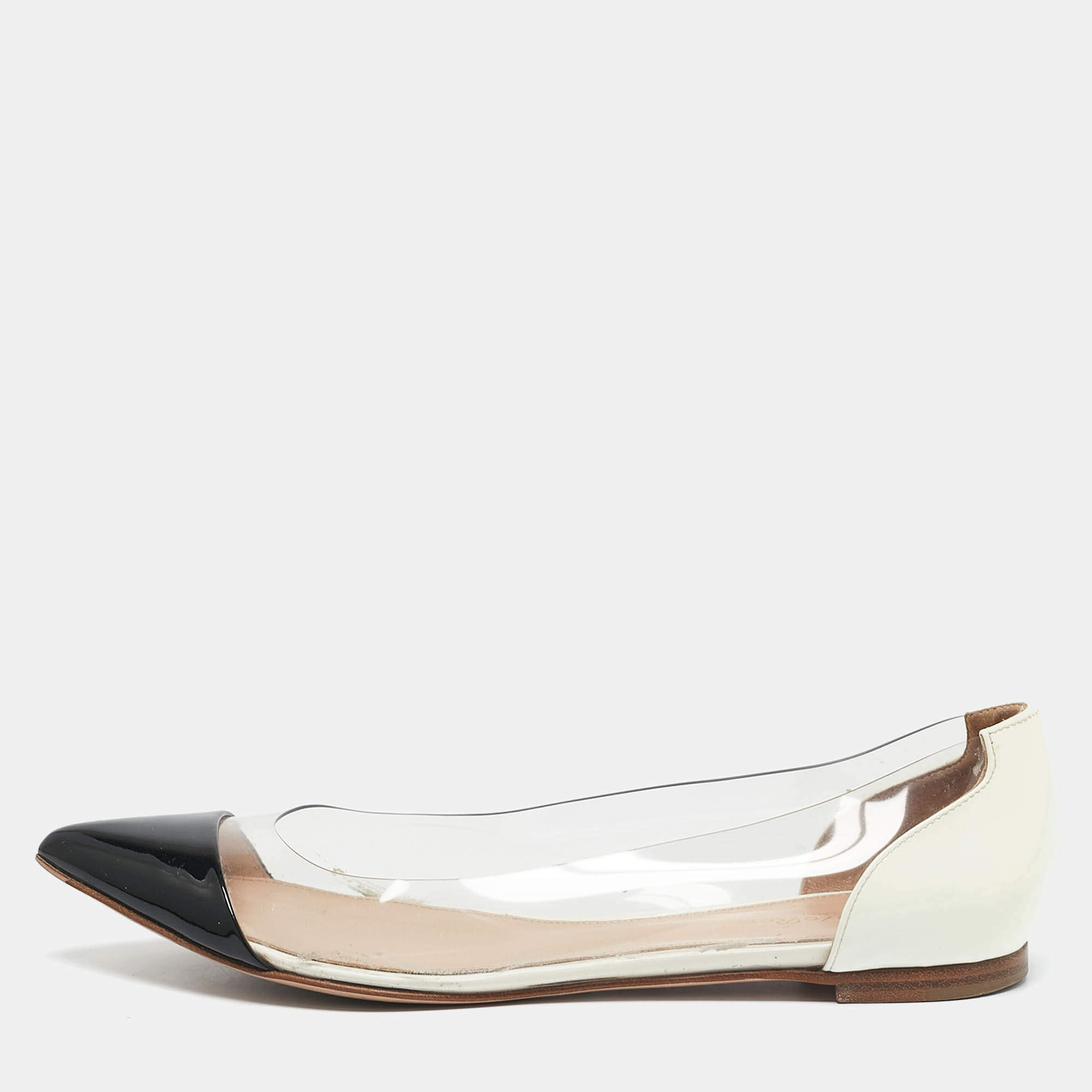 Gianvito Rossi White/Black Patent Leather and PVC Plexi Pointed Toe Ballet Flats Size 38.5