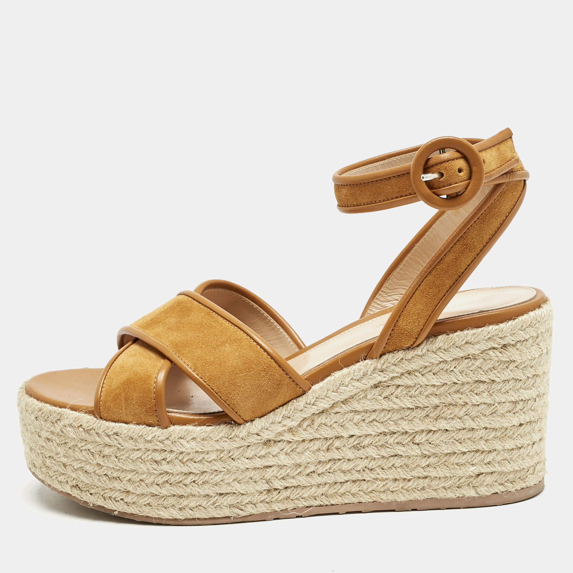 Pre Owned Gianvito Rossi Mustard Leather and Suede Sienna Espadrille Sandals Size 39