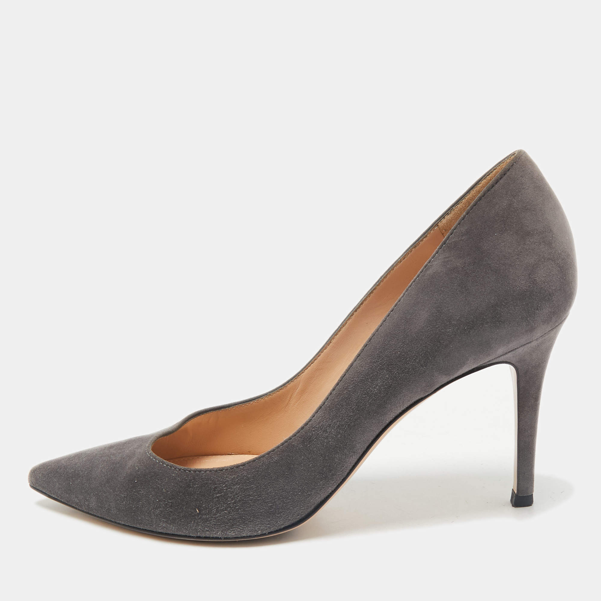 Pre Owned Gianvito Rossi Grey Suede Gianvito 85 Pointed Toe Pumps Size 38.5