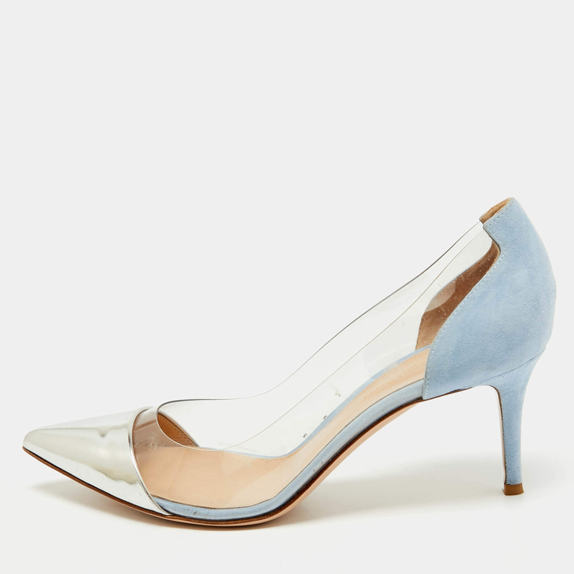 Gianvito Rossi Silver/Blue Leather and PVC Plexi Pumps Size 40