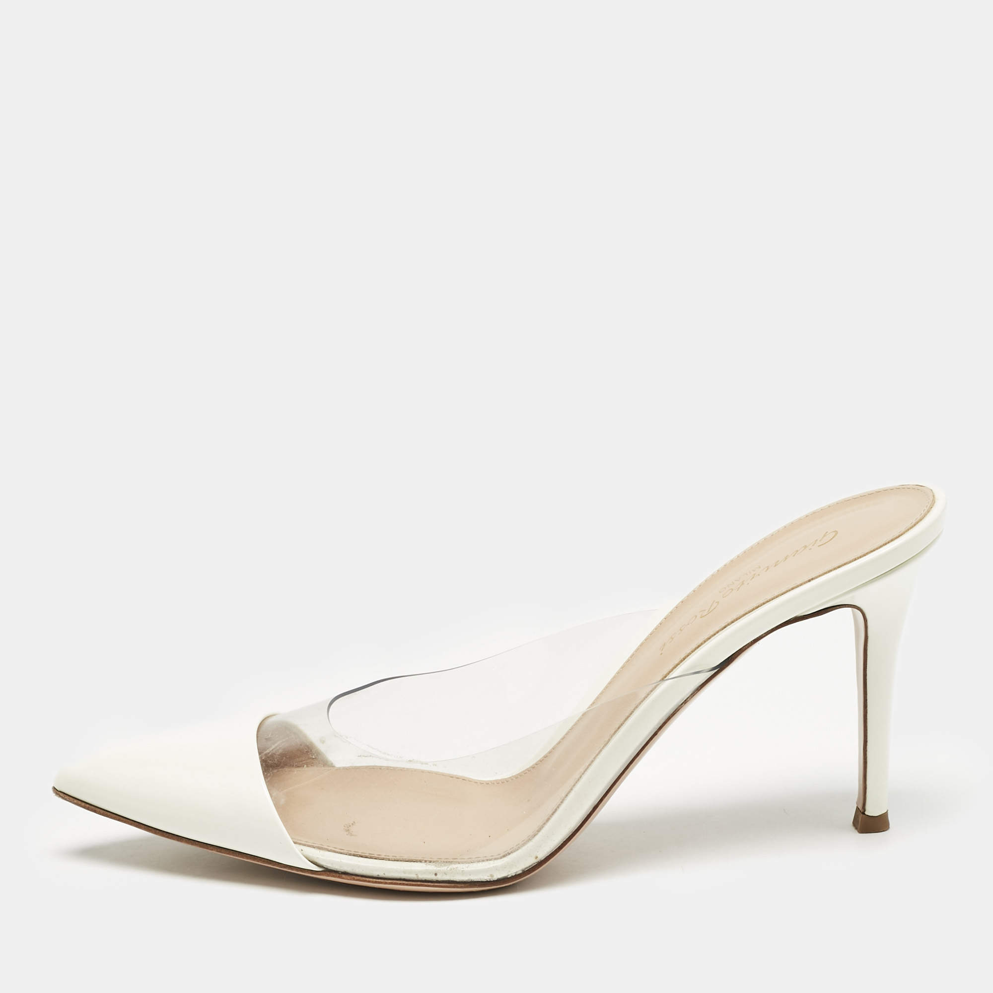 Pre Owned Gianvito Rossi Cream Patent Leather and PVC Elle Mules Size 39