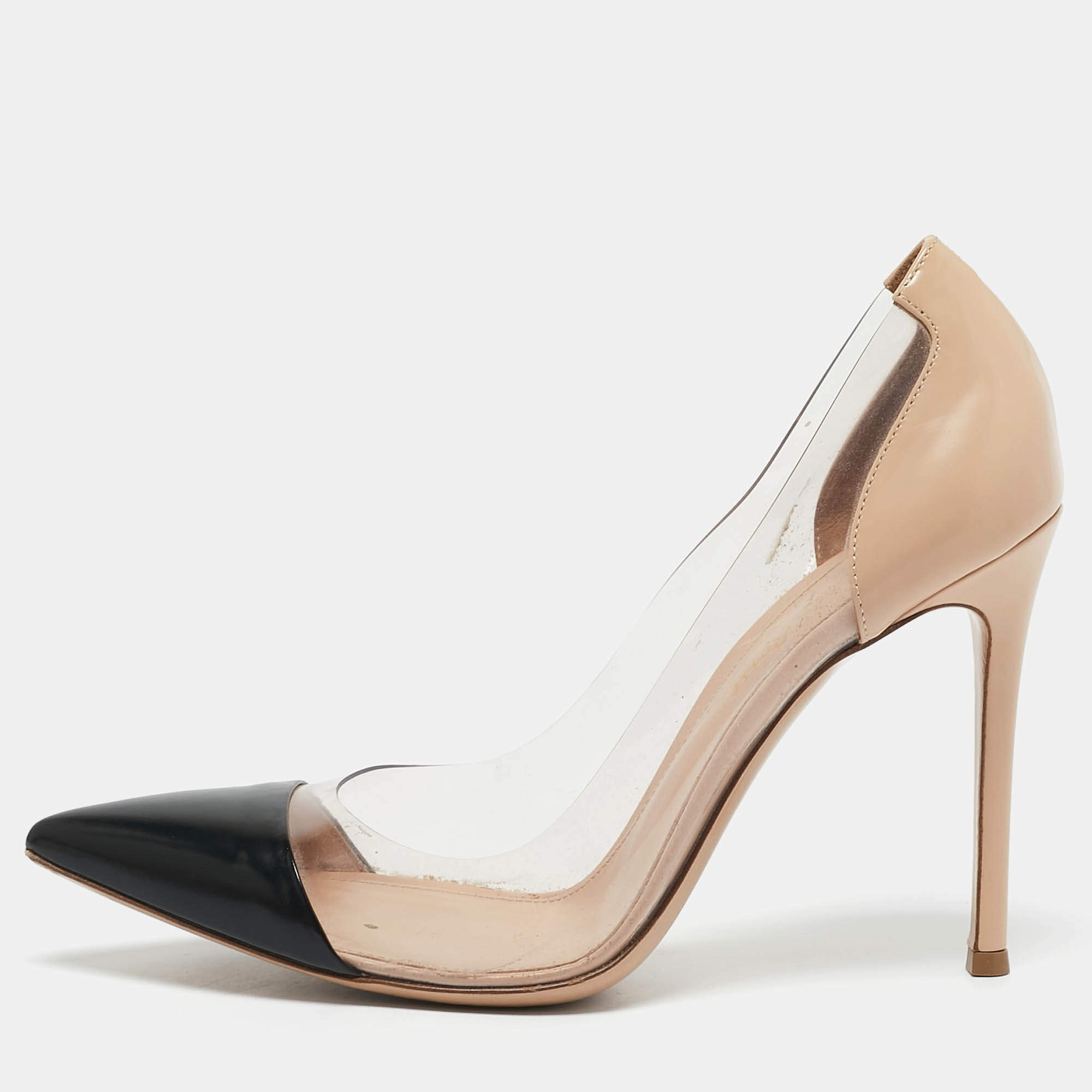 Pre Owned Gianvito Rossi Black/Brown Patent Leather and PVC Plexi Pumps Size 38.5