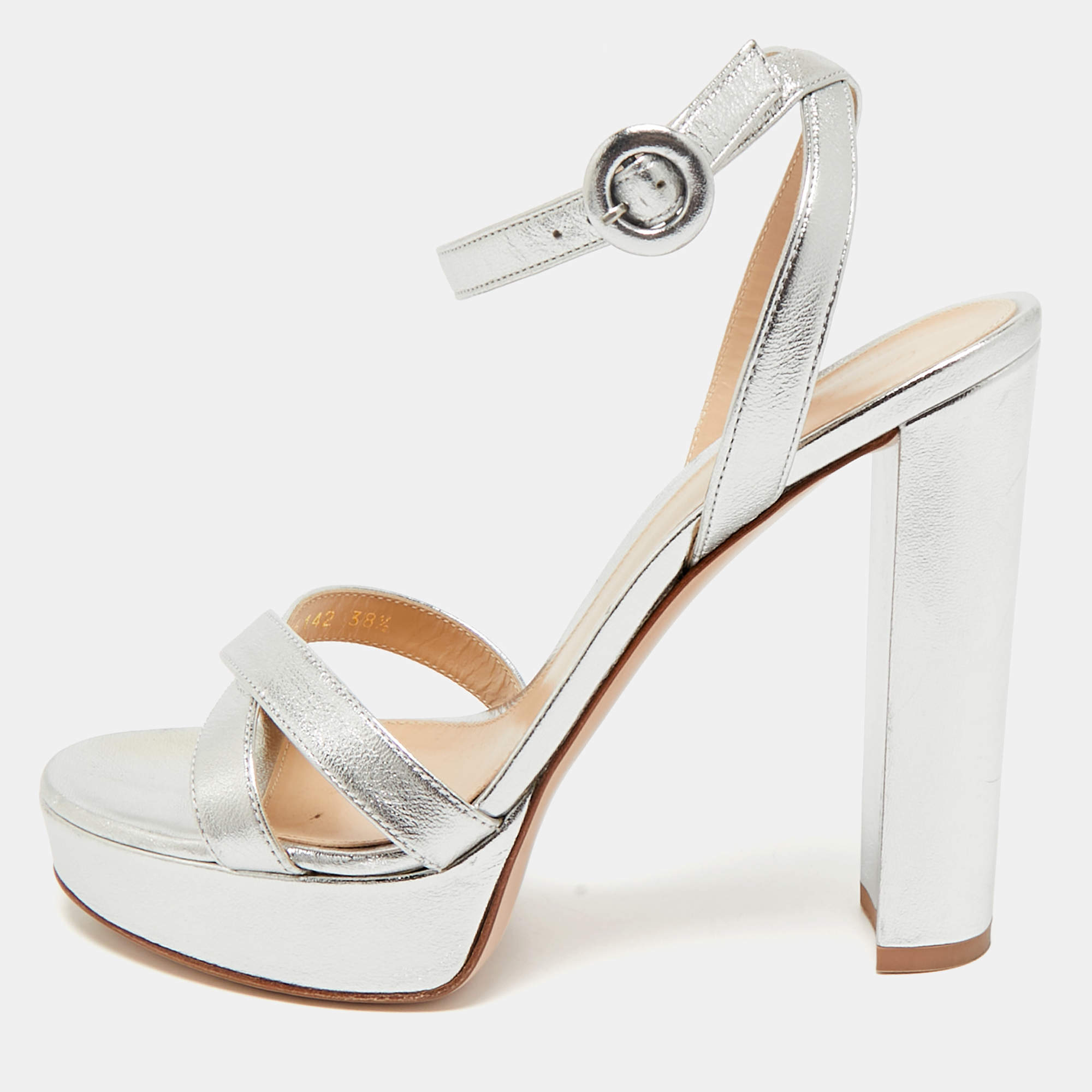 Gianvito Rossi Silver Leather Ankle Strap Sandals Size 38.5
