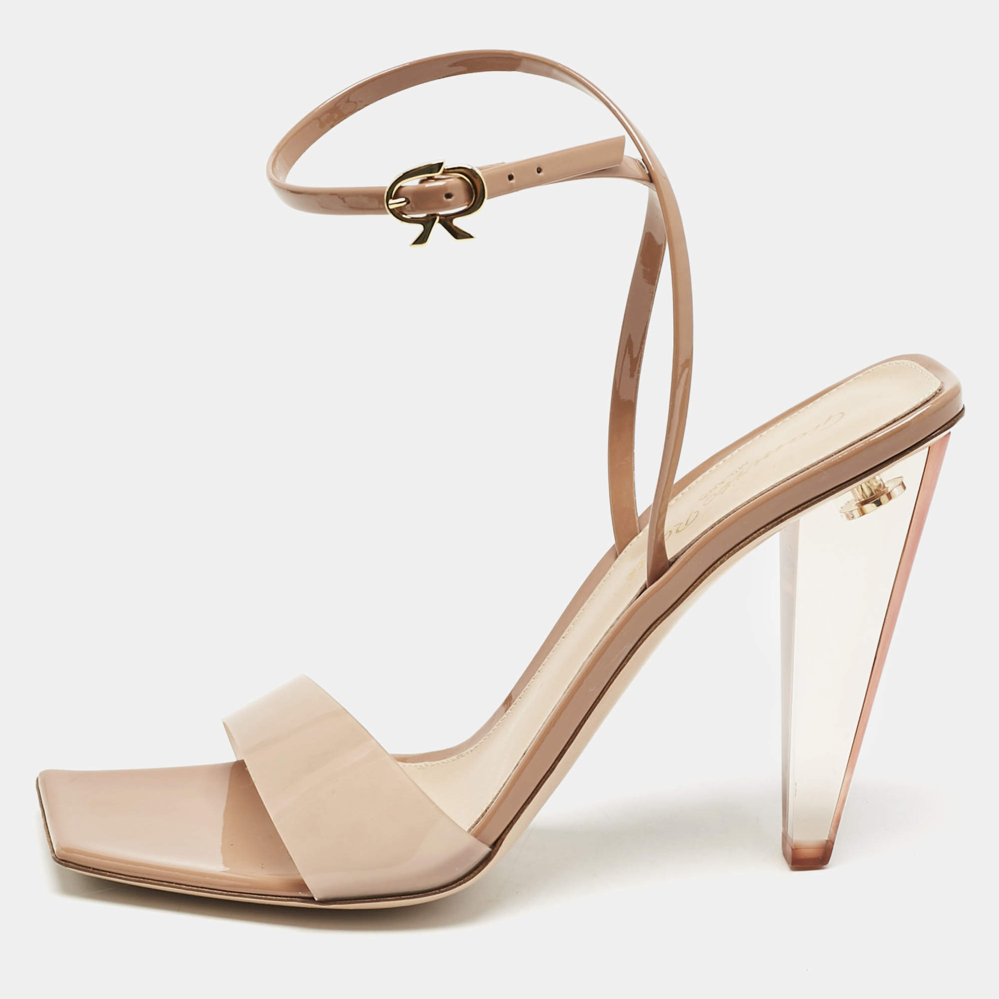 Gianvito Rossi Beige Patent and PVC Ribbon Ankle Strap Sandals Size 37.5
