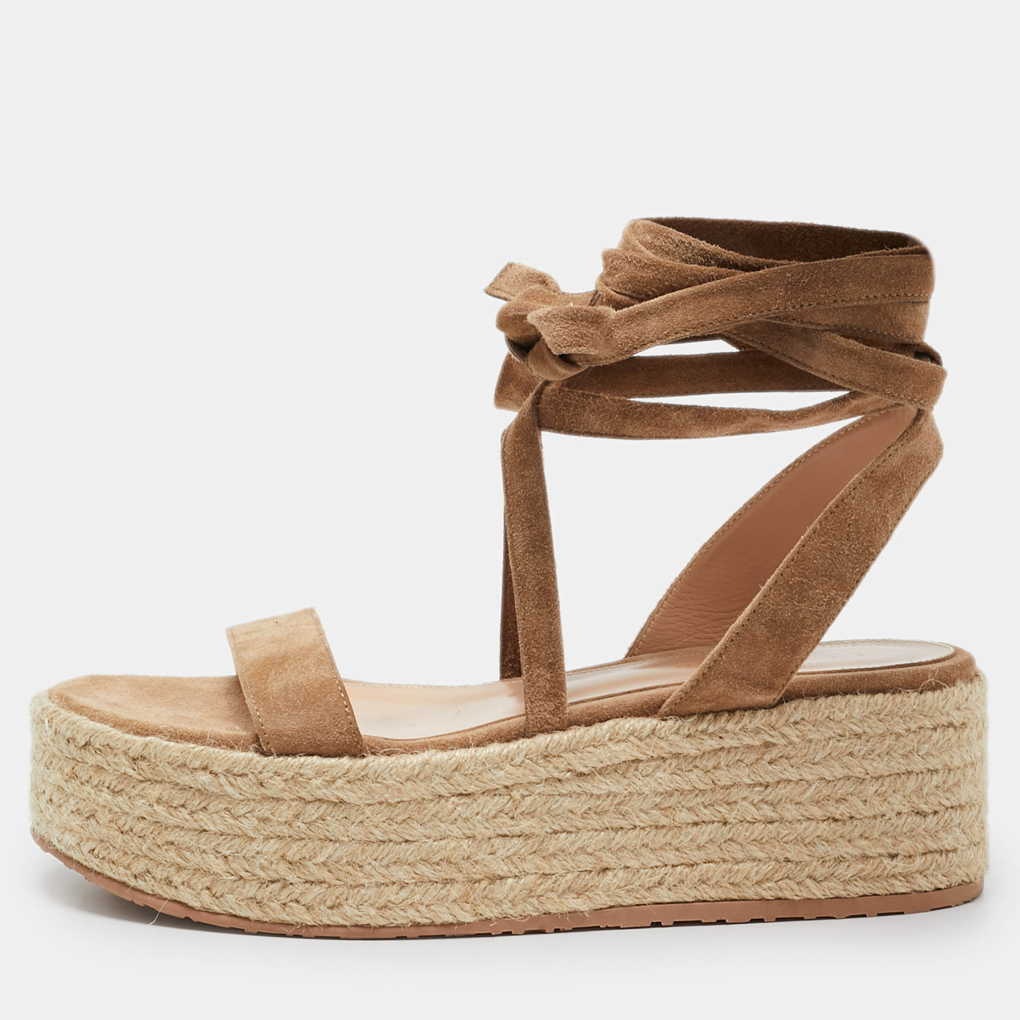 Gianvito Rossi Beige Suede Ankle Strap Wedge Sandals Size 37.5