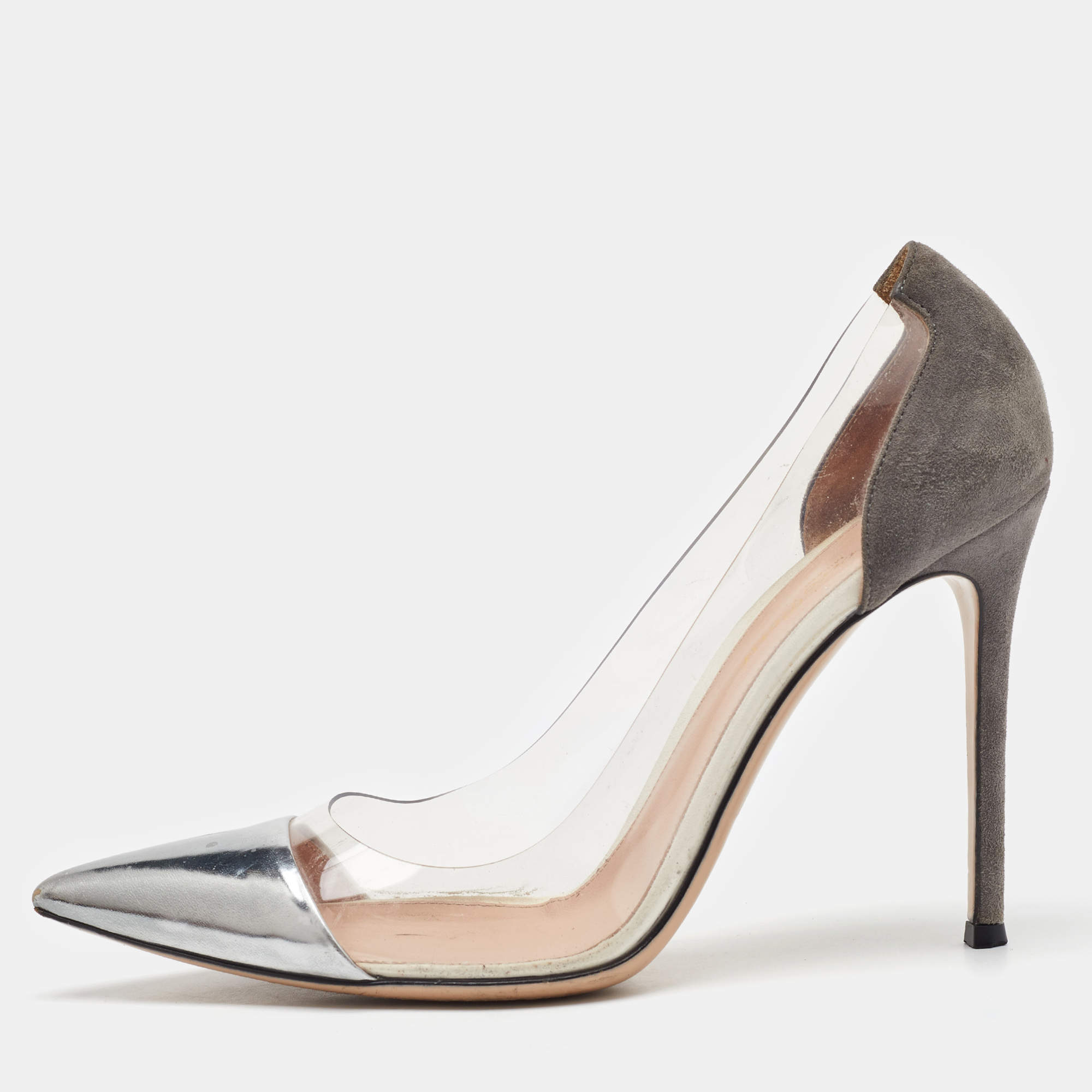 Gianvito Rossi Grey/Silver Suede, Leather and PVC Plexi Pumps Size 40.5