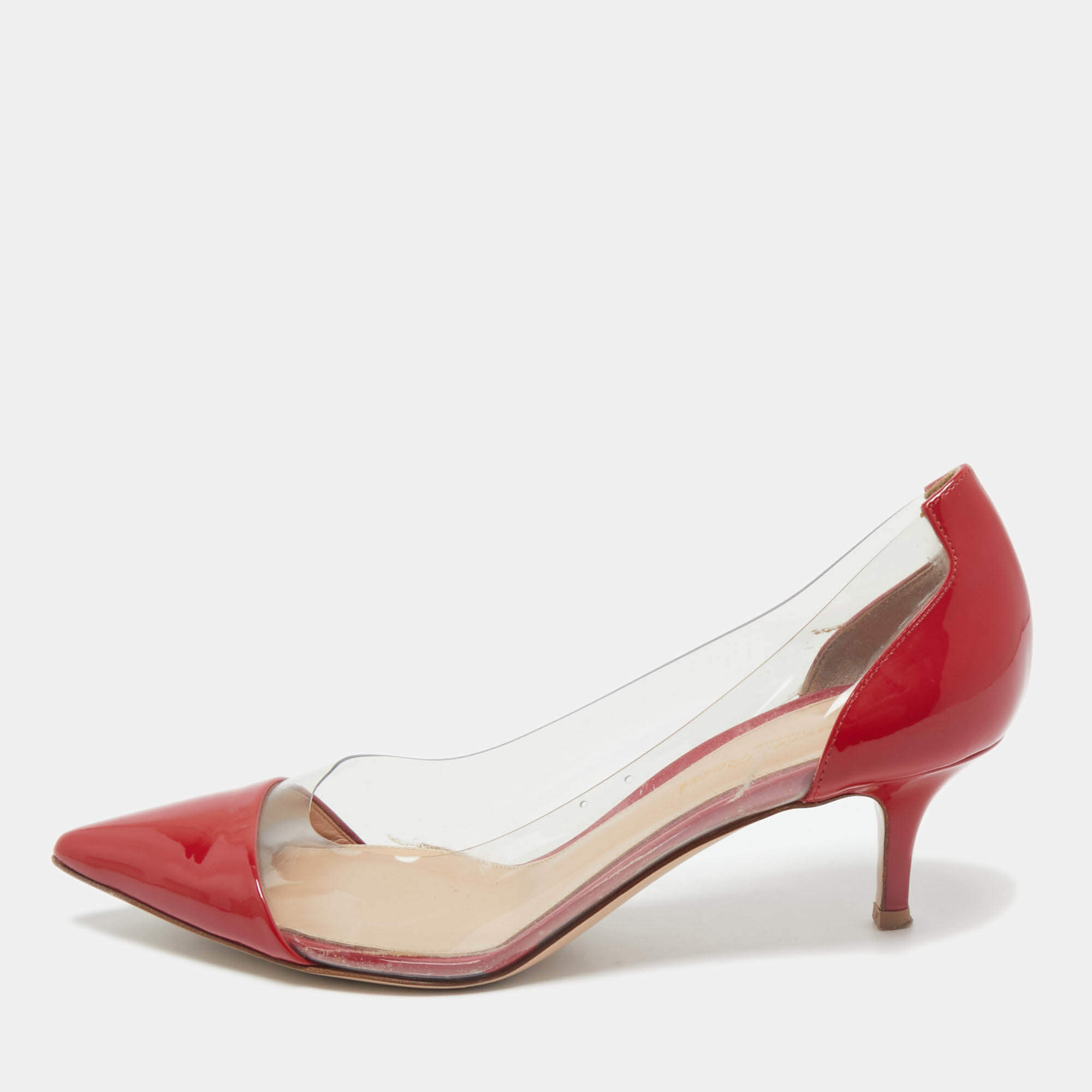 Gianvito Rossi Transparent/Red Patent Leather and PVC Plexi Pumps Size 37.5