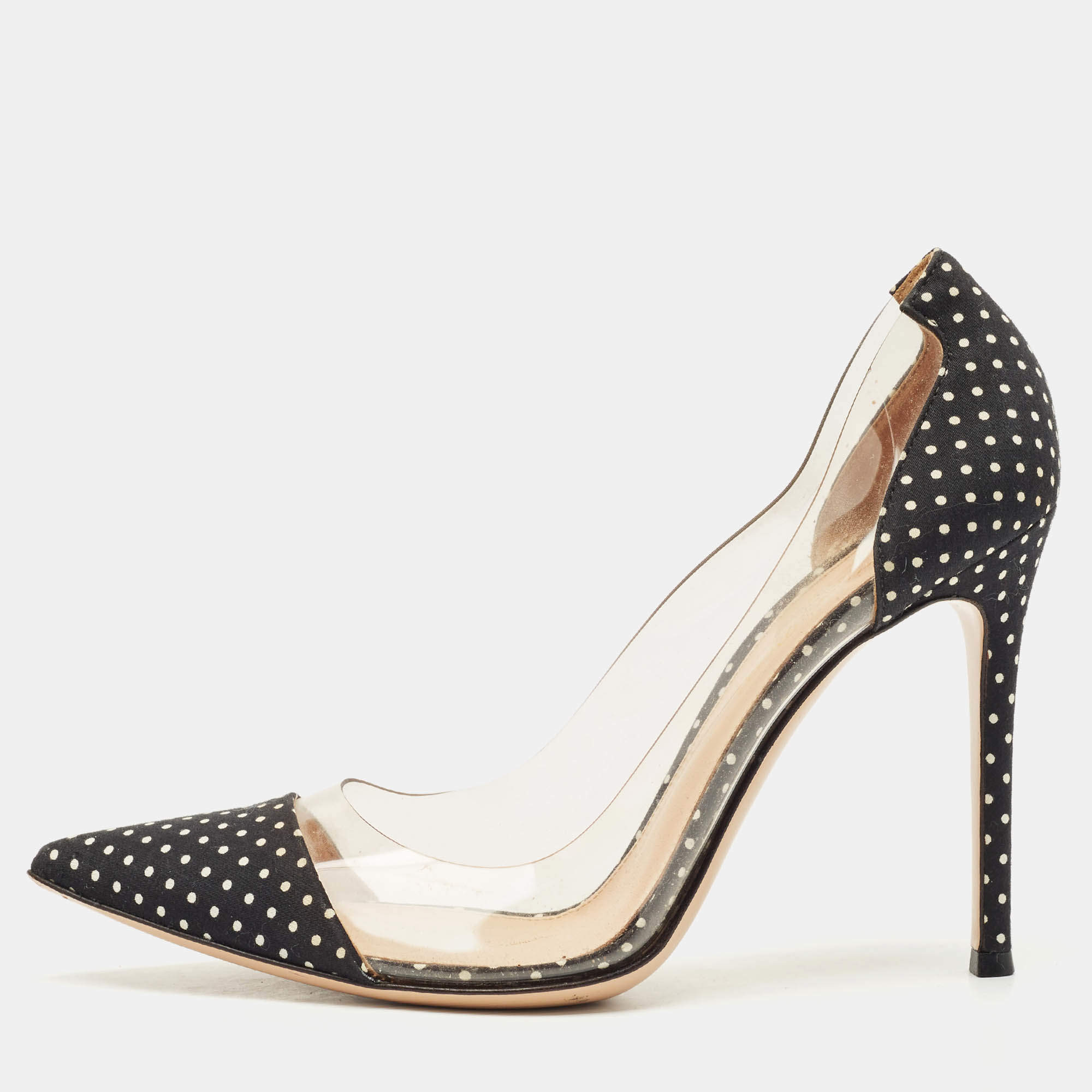 Gianvito Rossi Black/White Polka Dot Satin And PVC Plexi Pointed Toe Pumps Size 38