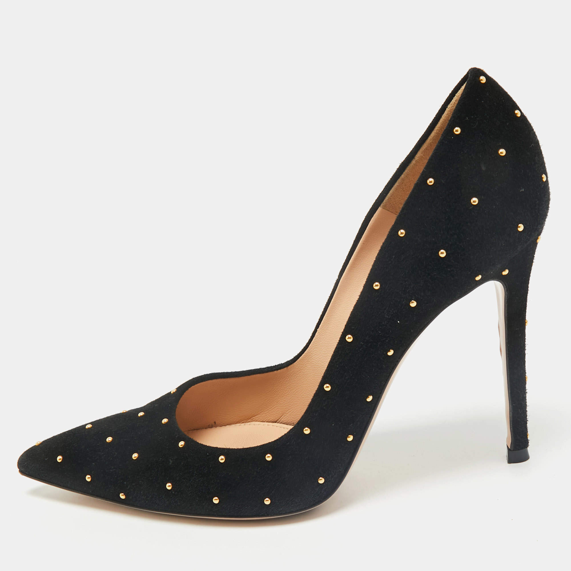 Gianvito Rossi Black Studded Suede Pointed-Toe Pumps Size 37.5