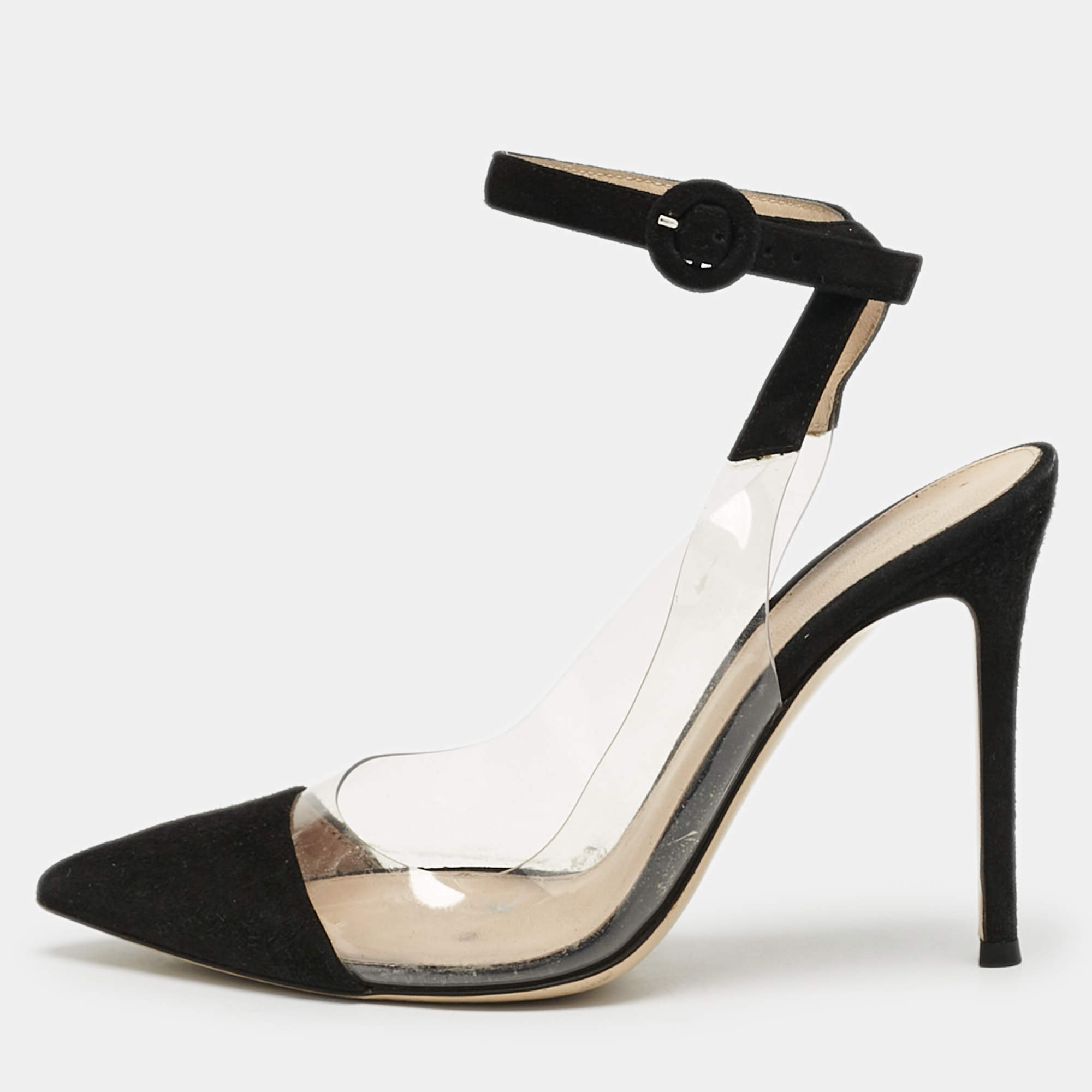 Pre Owned Gianvito Rossi Black Suede and PVC Anise Ankle Strap Pumps Size 37