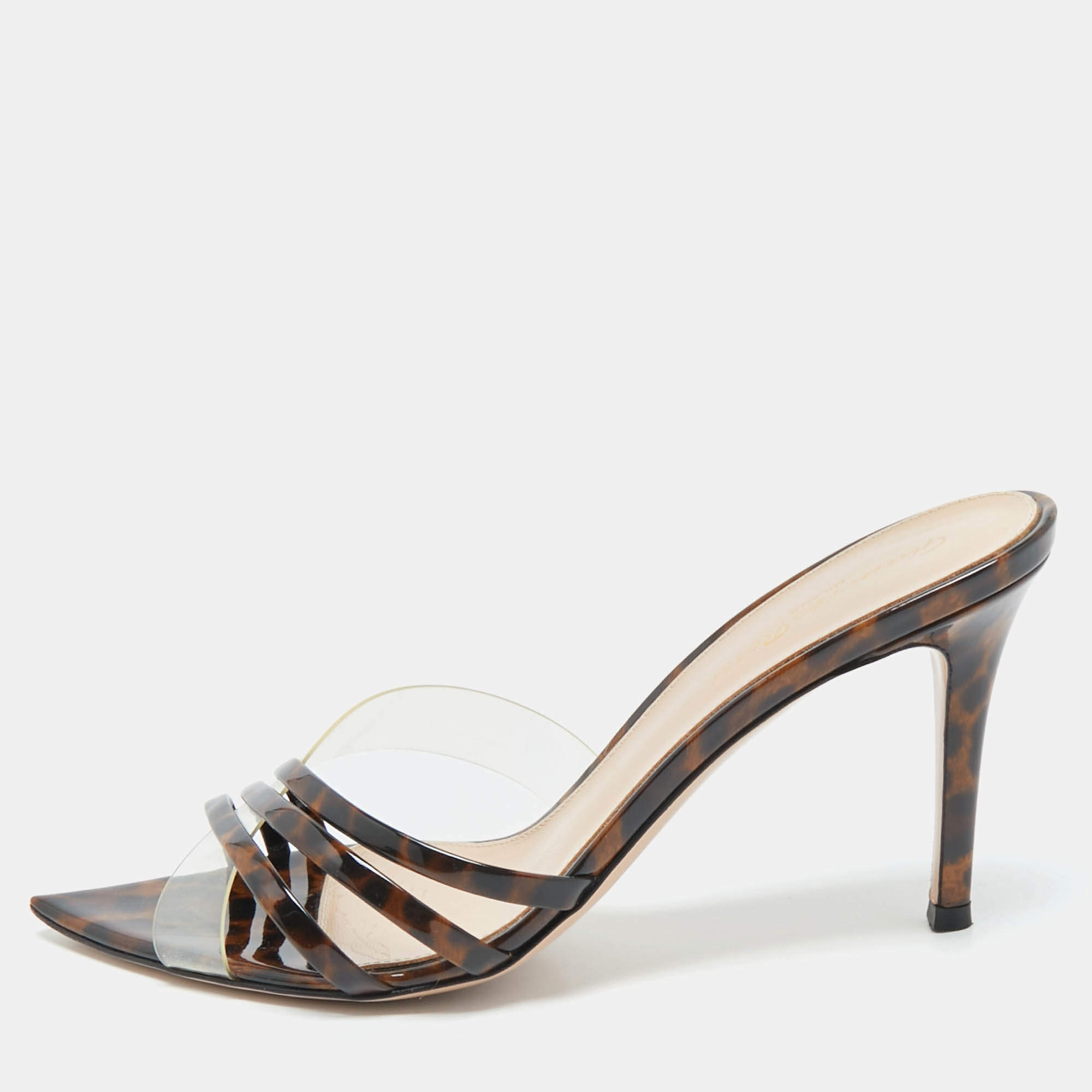 Gianvito Rossi Transparent/Brown Patent Leather and PVC Elle Slide Sandals Size 37.5