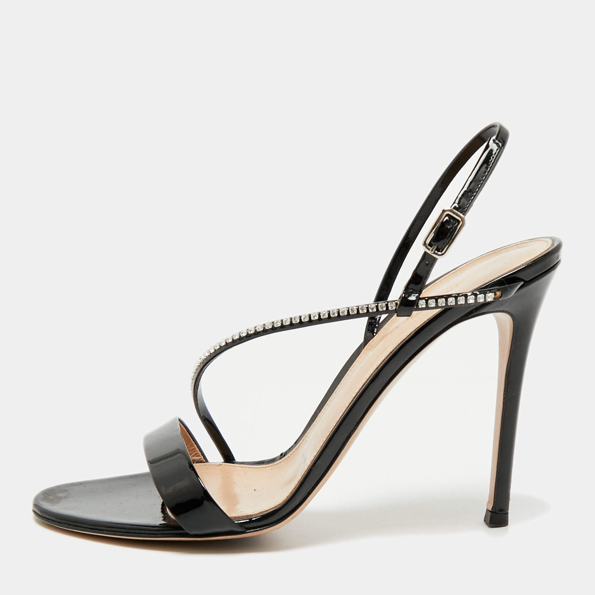 Pre Owned Gianvito Rossi Black Patent Leather Crystal Embellished Slingback Sandals Size 39