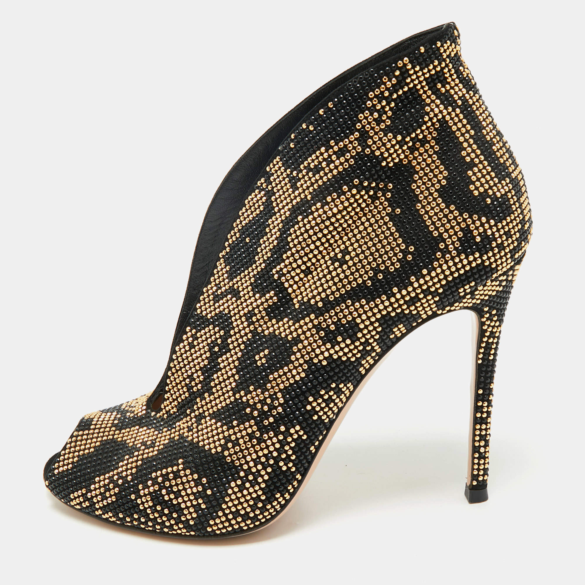 Pre Owned Gianvito Rossi Black/Gold Crystal Embellished and Suede Vamp Peep Toe Booties Size 39