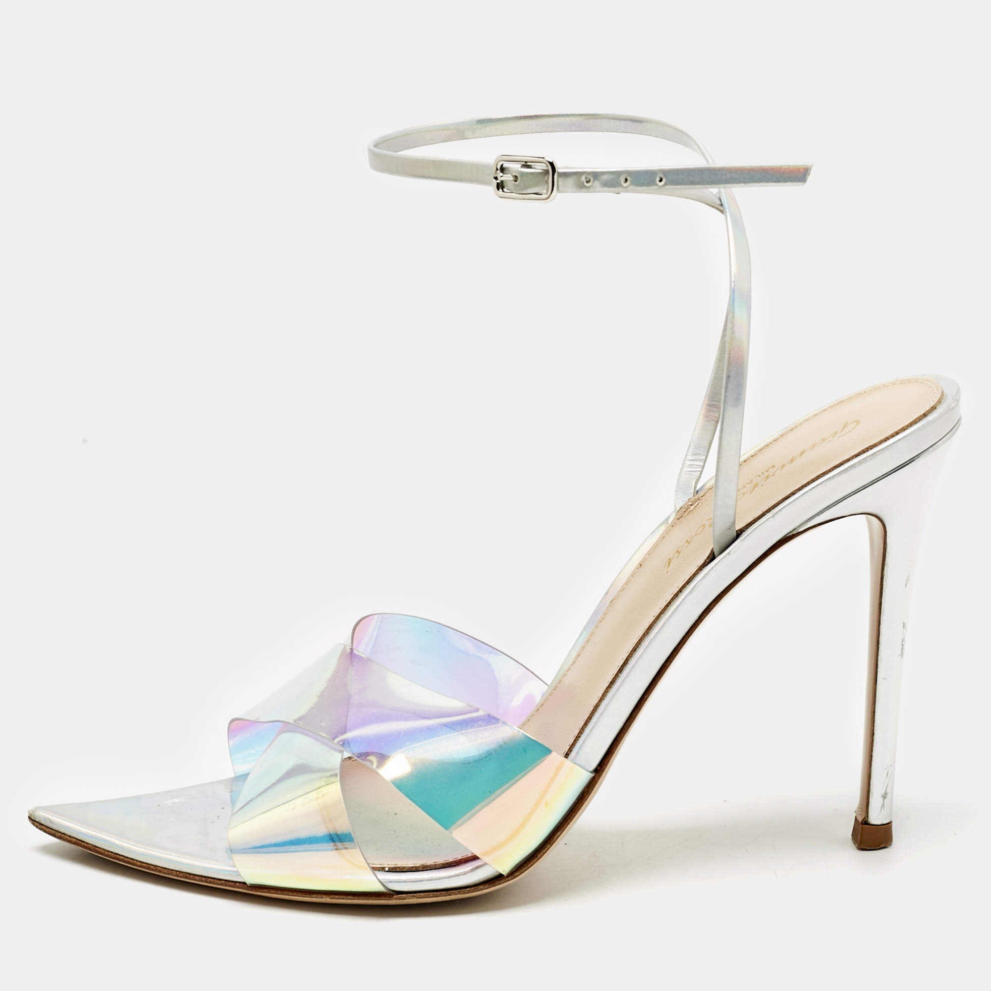 Pre Owned Gianvito Rossi Multicolor Iridescent Leather and PVC Plexi Stark Sandals Size 38
