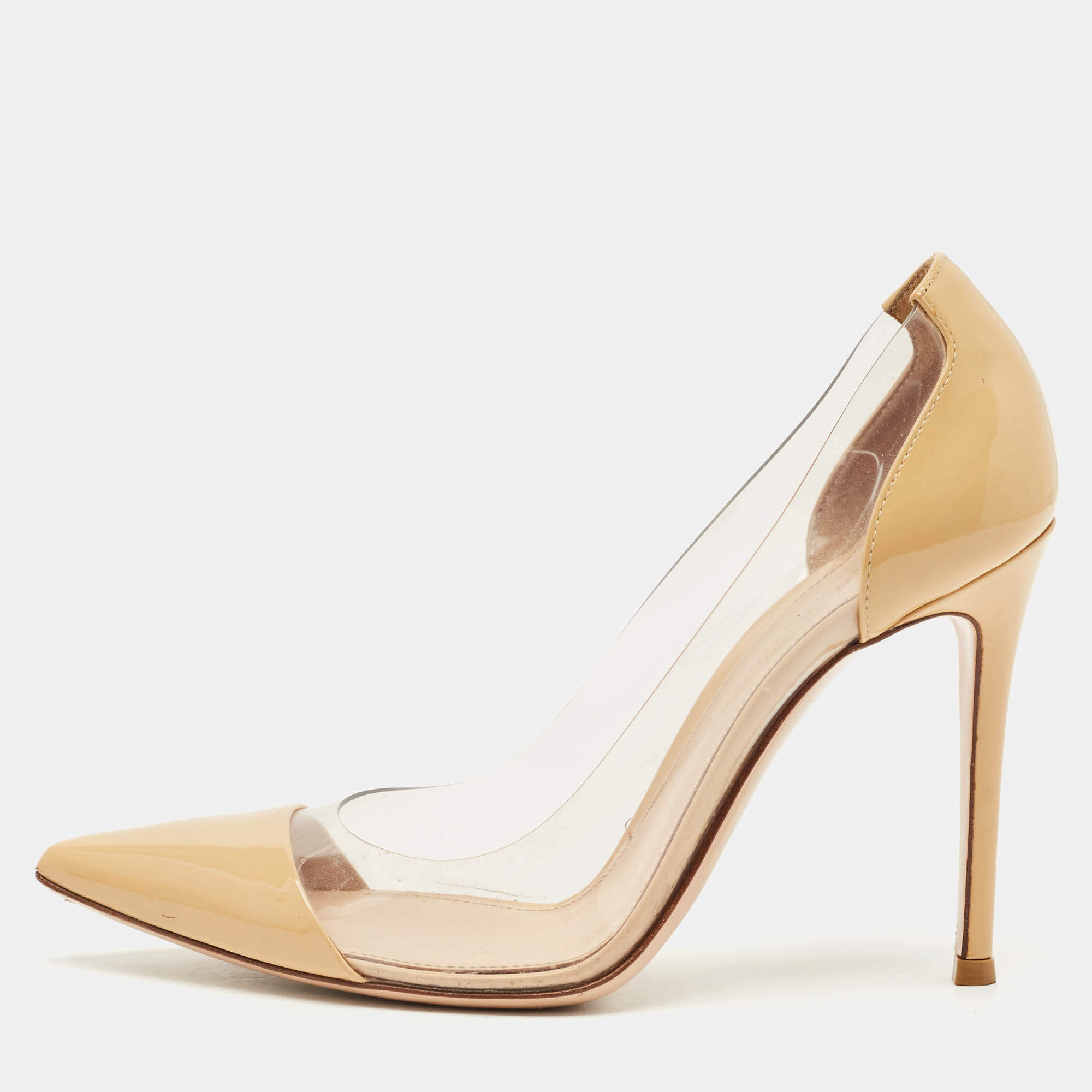 Pre Owned Gianvito Rossi Beige/Transparent Patent Leather and PVC Plexi Pointed Toe Pumps Size 37