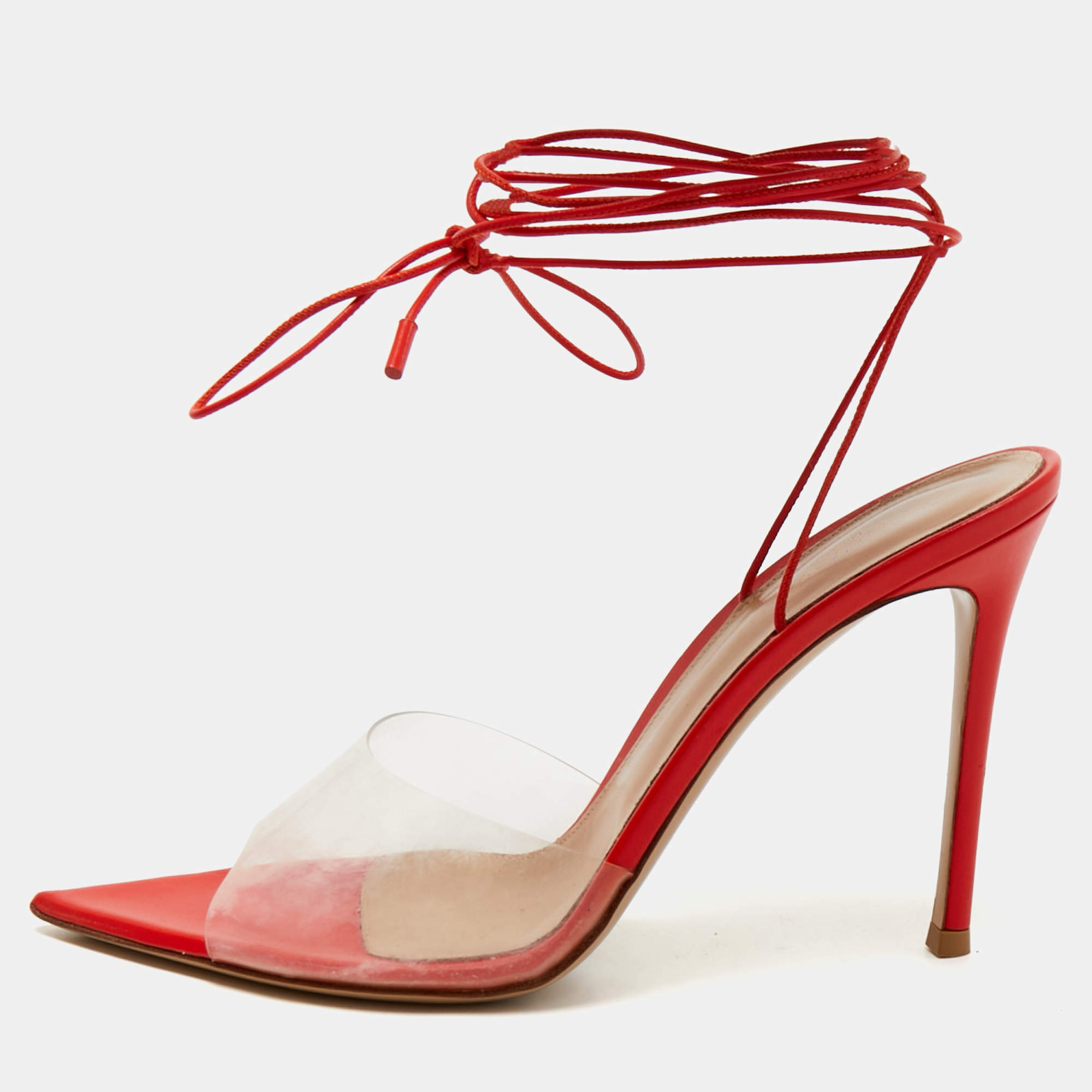 Pre Owned Gianvito Rossi Red/Transparent Leather and PVC Skye Ankle Tie Sandals Size 39.5