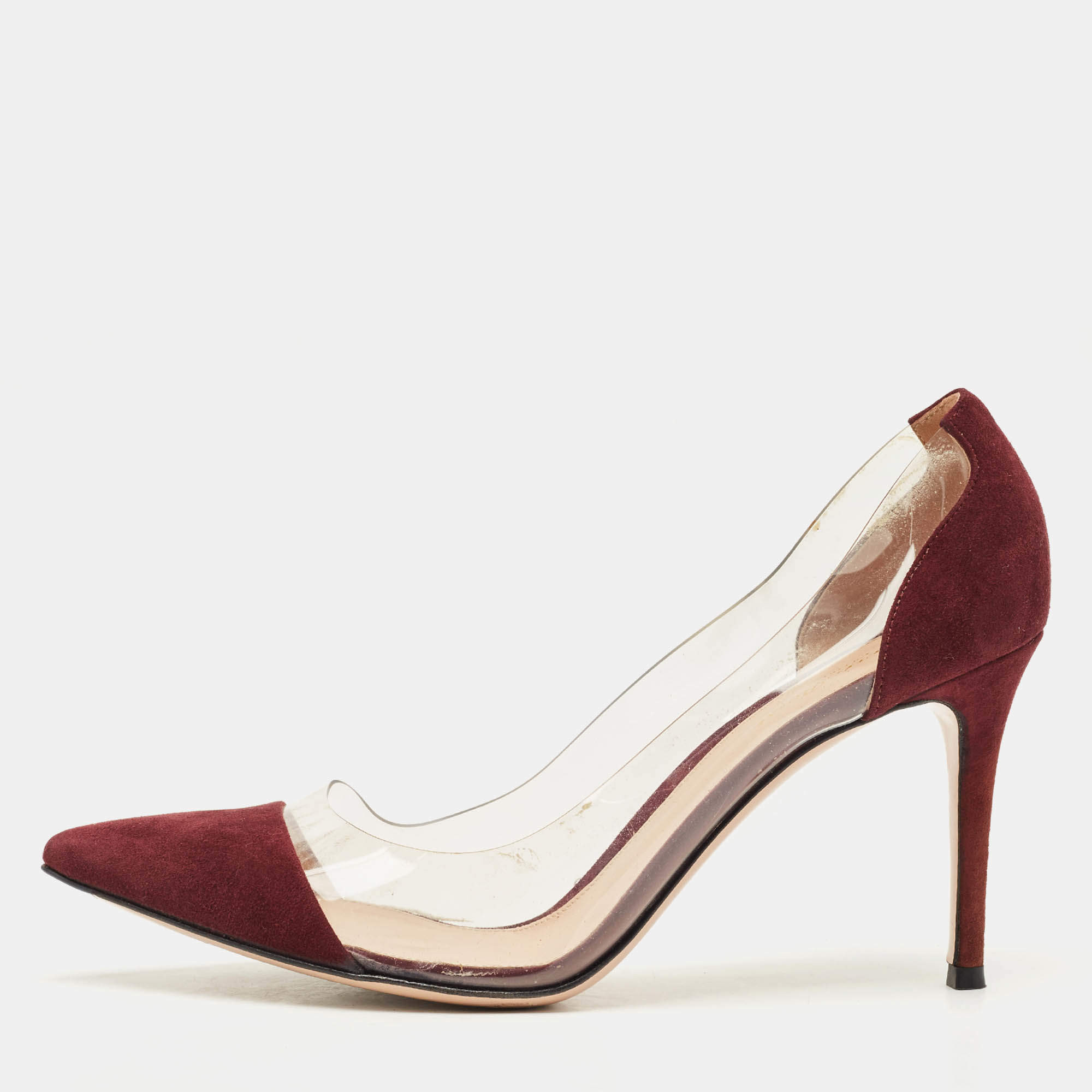 Pre Owned Gianvito Rossi Burgundy/Transparent Suede and PVC Plexi Pumps Size 41