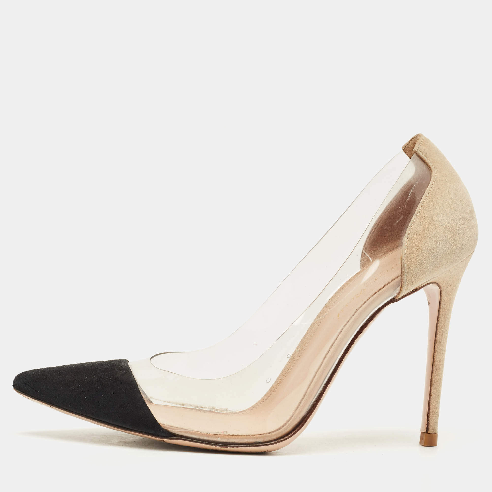 Pre Owned Gianvito Rossi Black/Beige Suede and PVC Plexi Pumps Size 38.5
