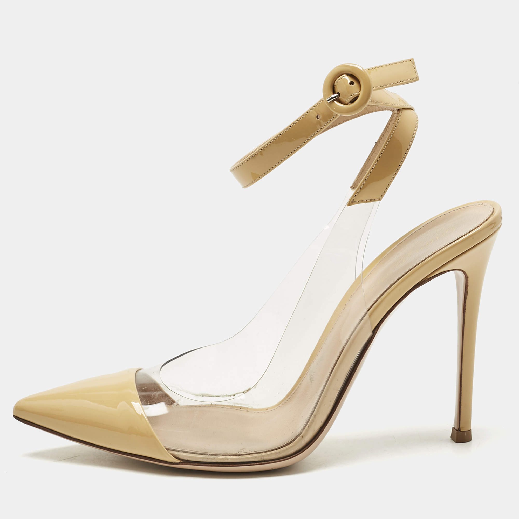 Pre Owned Gianvito Rossi Beige/Transparent Leather And PVC Anise Pointed Toe Ankle Strap Sandals Size 39