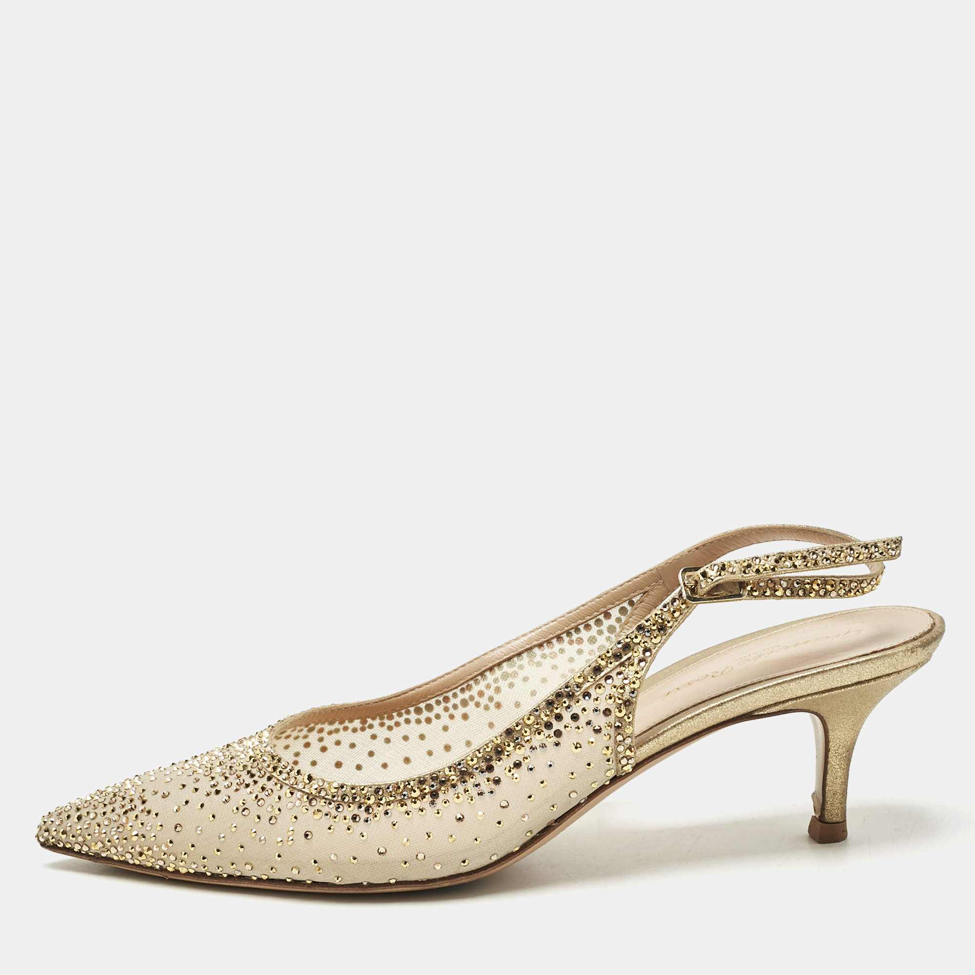 Pre Owned Gianvito Rossi Gold Mesh Regina Crystals Slingback Pumps Size 37