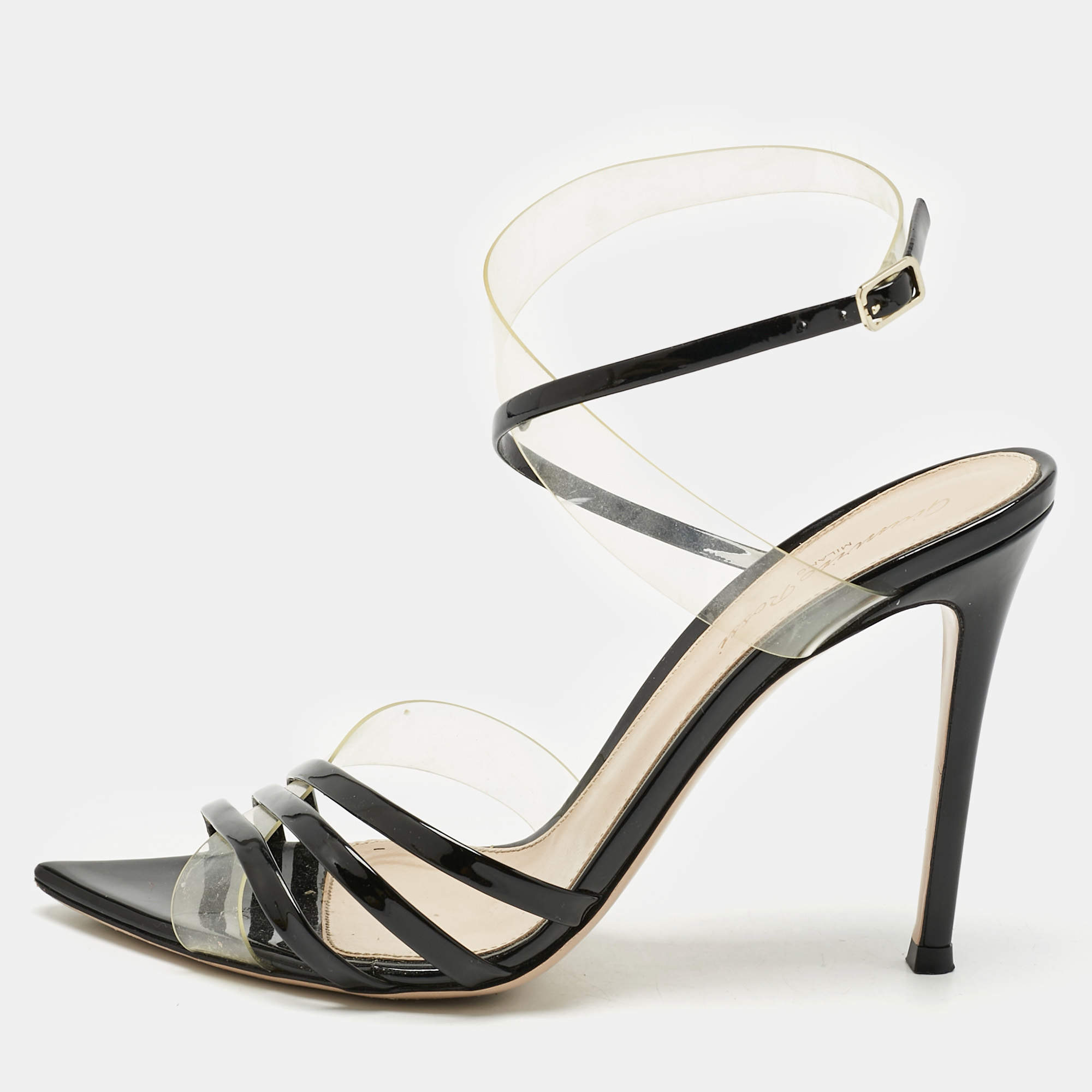 Pre Owned Gianvito Rossi Black/Transparent PVC and  Patent Leather Kim Ankle Strap Sandals Size 38
