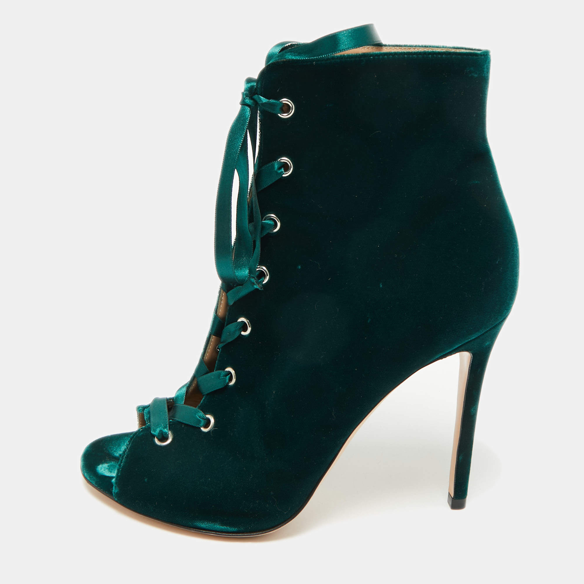 Pre Owned Gianvito Rossi Green Velvet Miral Open Toe Ankle Boots Size 41