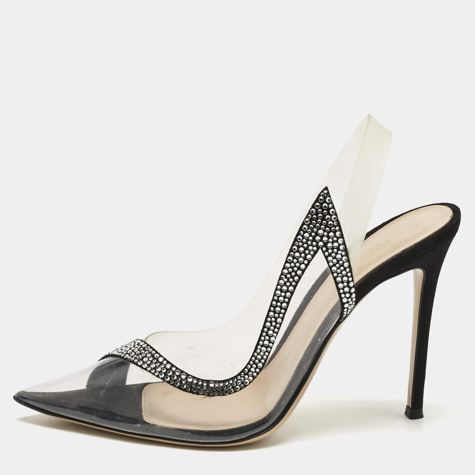 Pre Owned Gianvito Rossi Black PVCand Satin Crystal Embellished Hortensia Pumps Size 41