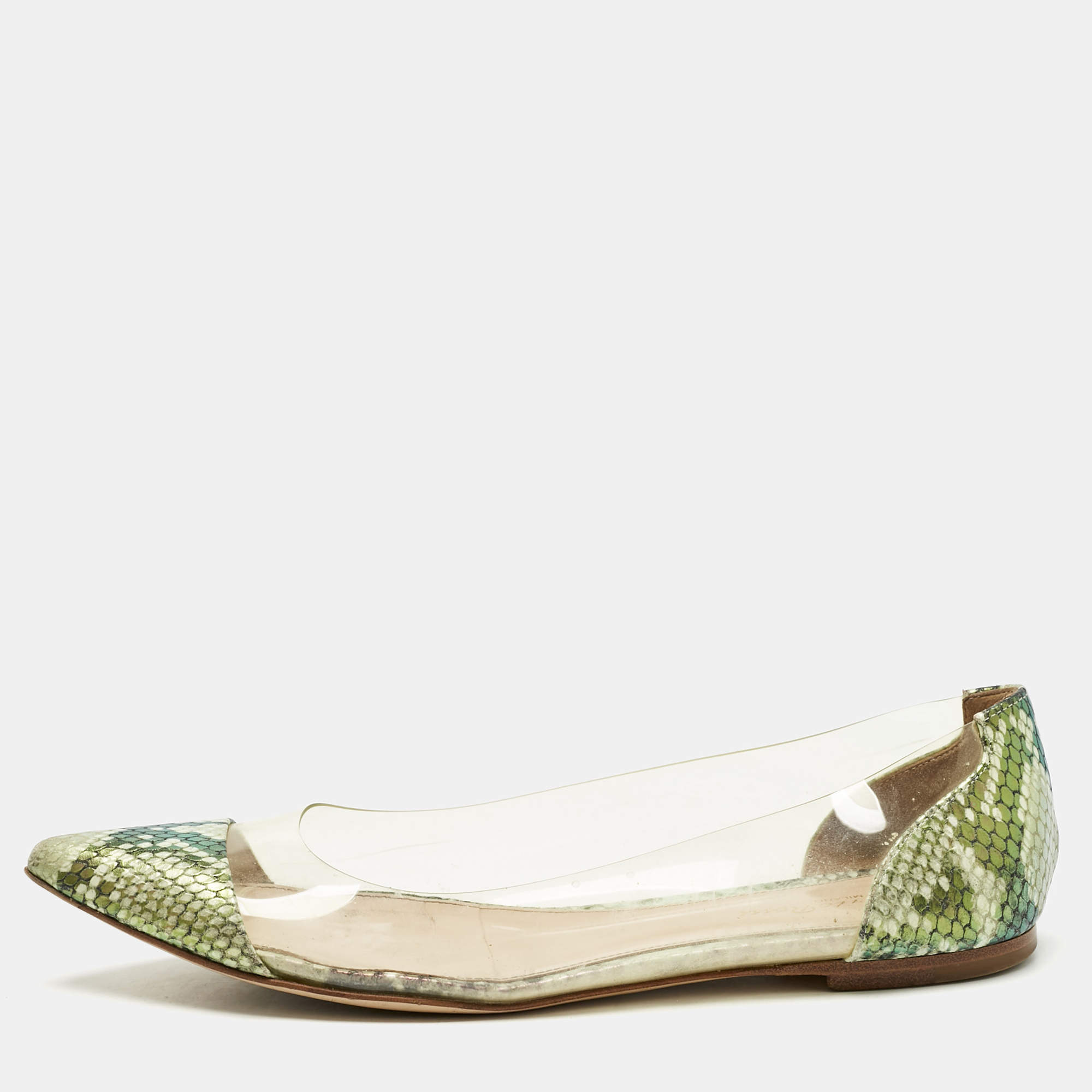 Pre Owned Gianvito Rossi Multicolor PVC and Python Embossed Leather Plexi Ballet Flats Size 37.5