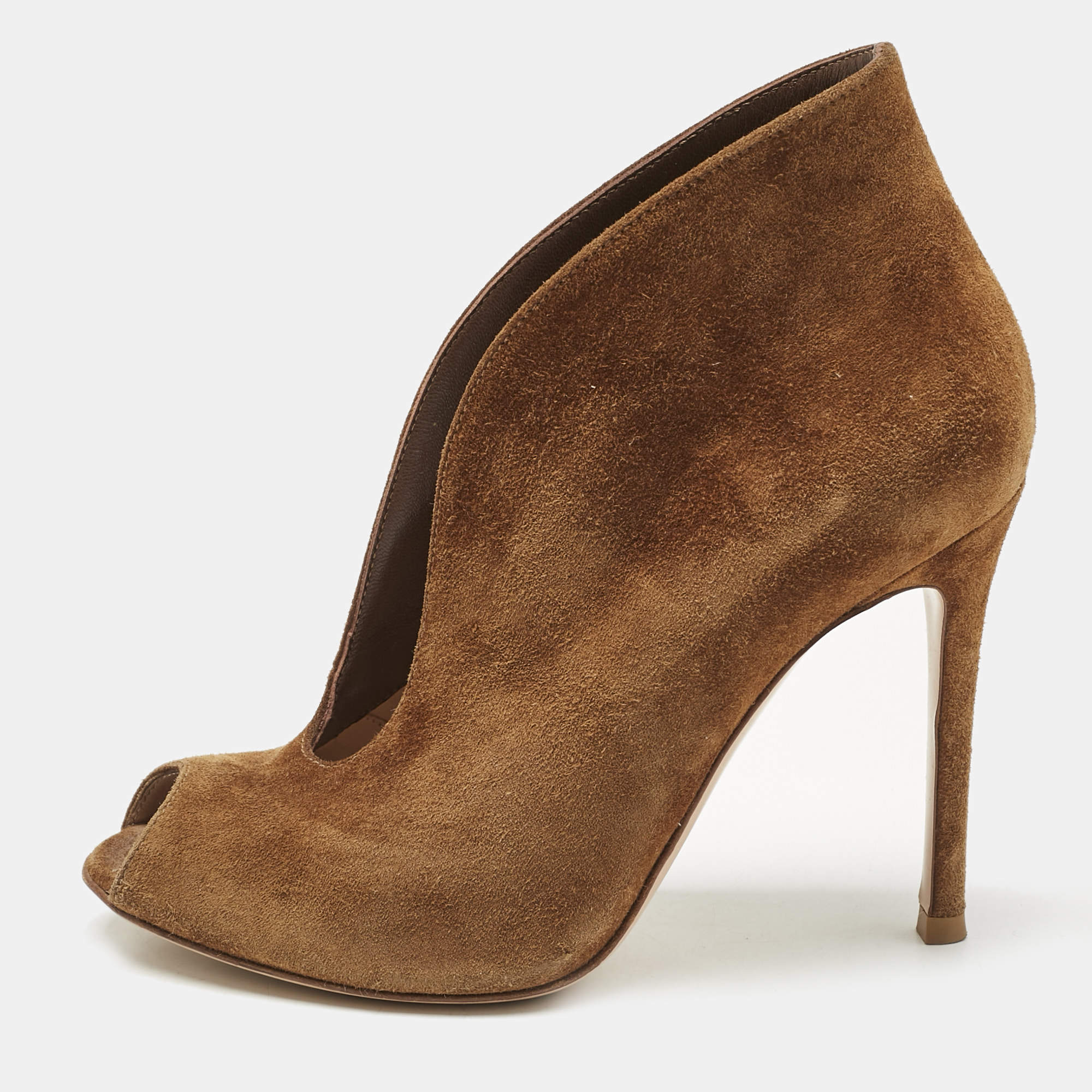 Pre Owned Gianvito Rossi Brown Suede Vamp Peep Toe Booties Size 35