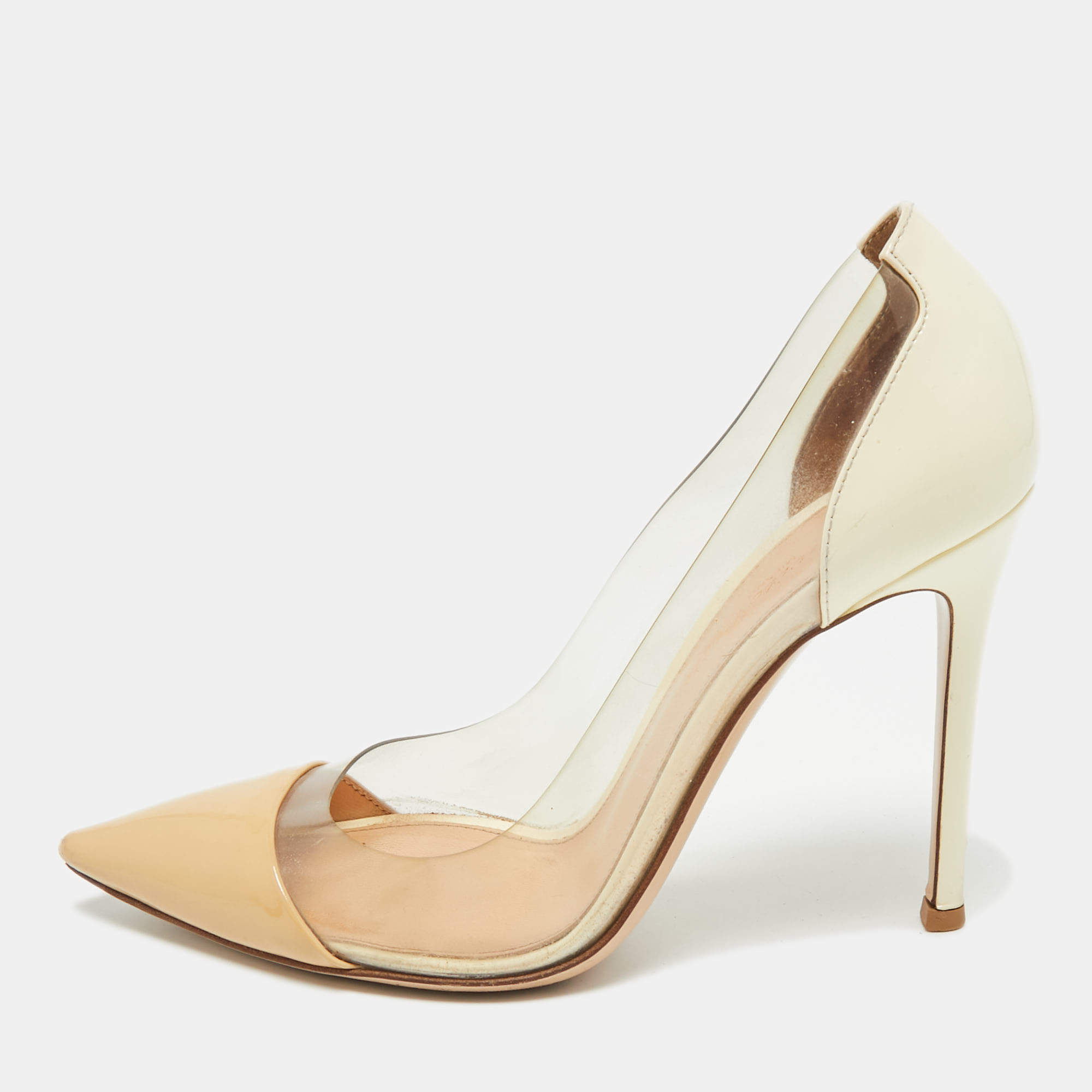 Pre Owned Gianvito Rossi Beige/Transparent Patent Leather and PVC Plexi Pointed Toe Pumps Size 36