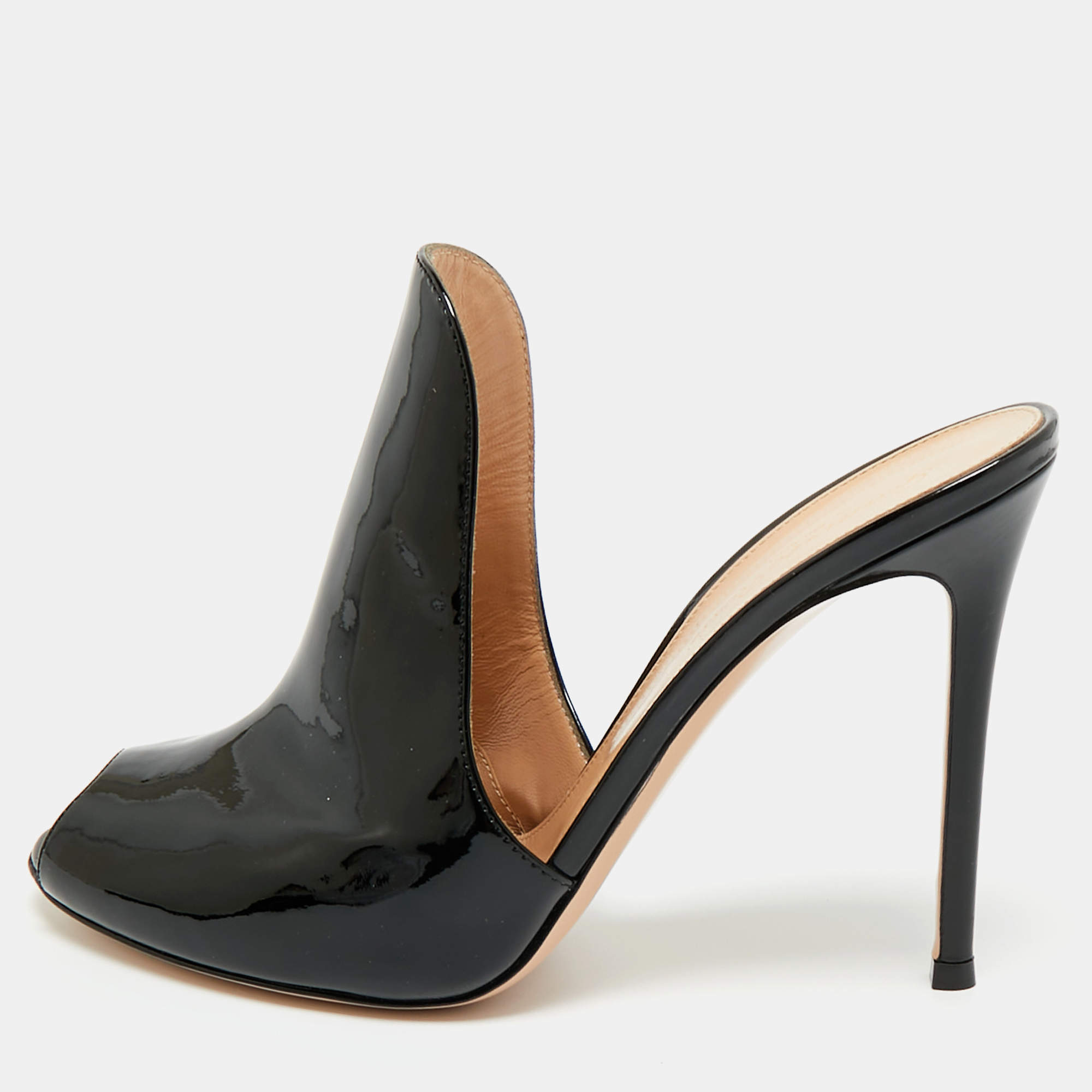 Pre Owned Gianvito Rossi Black Patent Leather Peep Toe Slide Sandals Size 40