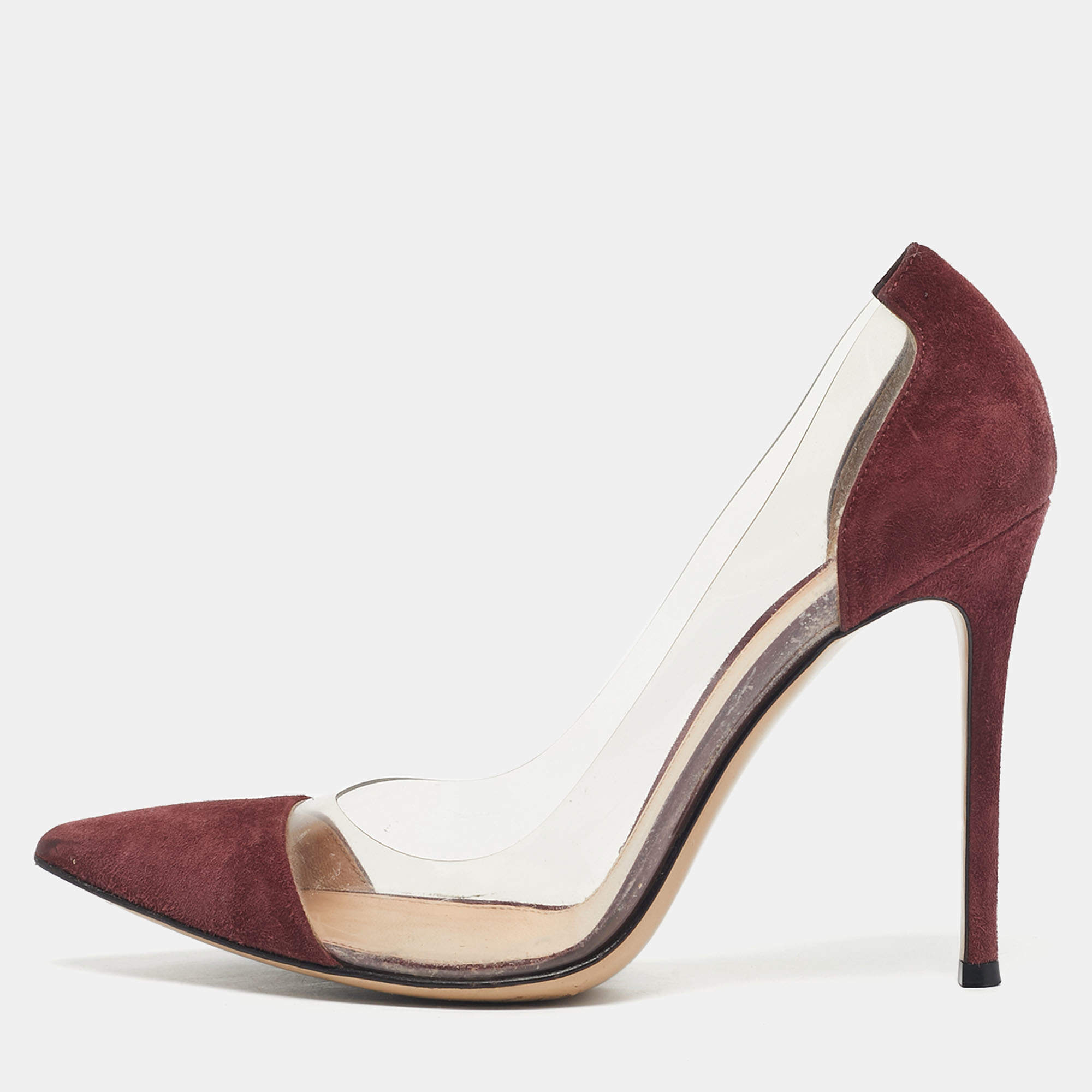 Pre Owned Gianvito Rossi Burgundy Suede and PVC Plexi Pumps Size 39