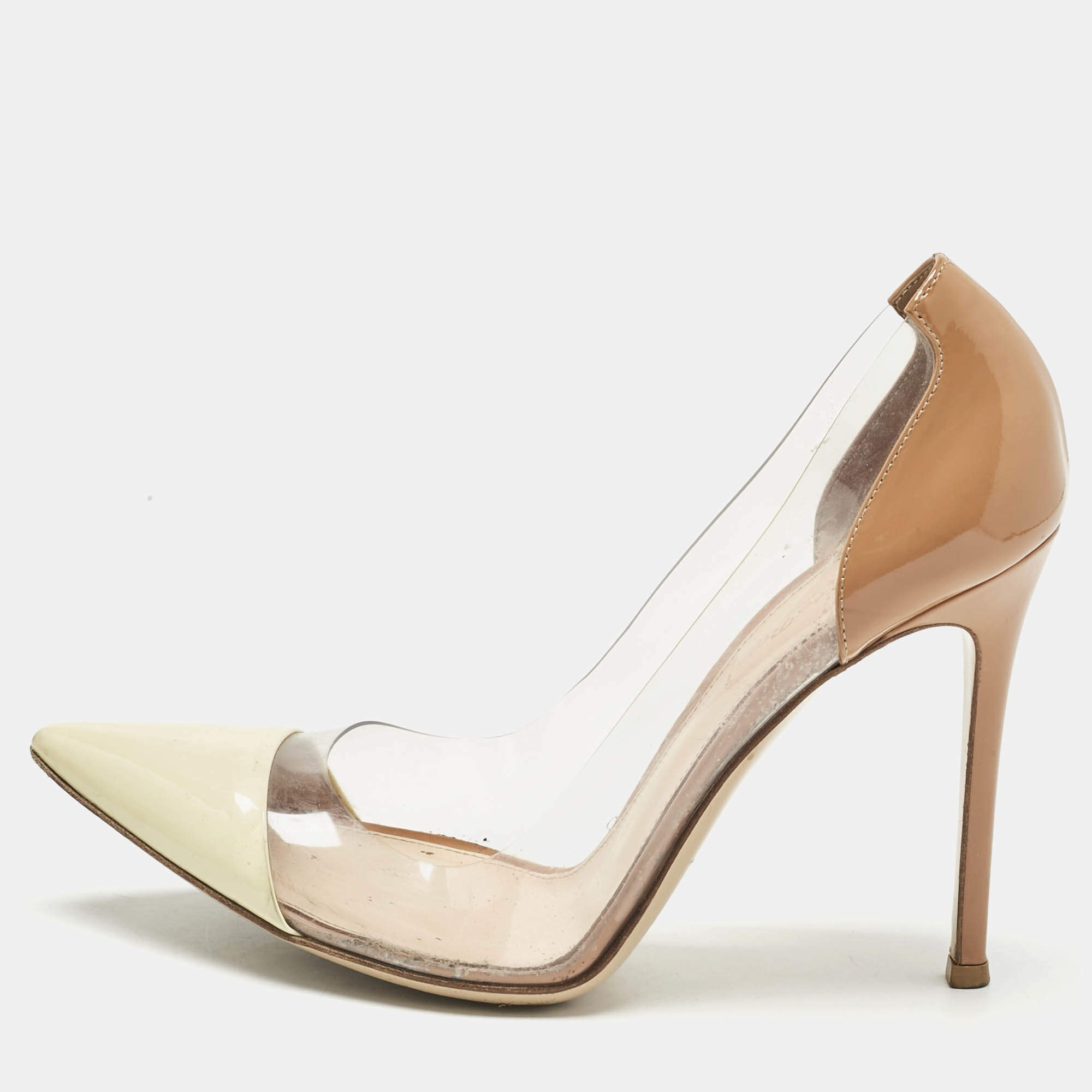 Pre Owned Gianvito Rossi Cream/Beige Patent Leather and PVC Plexi Pumps Size 39.5