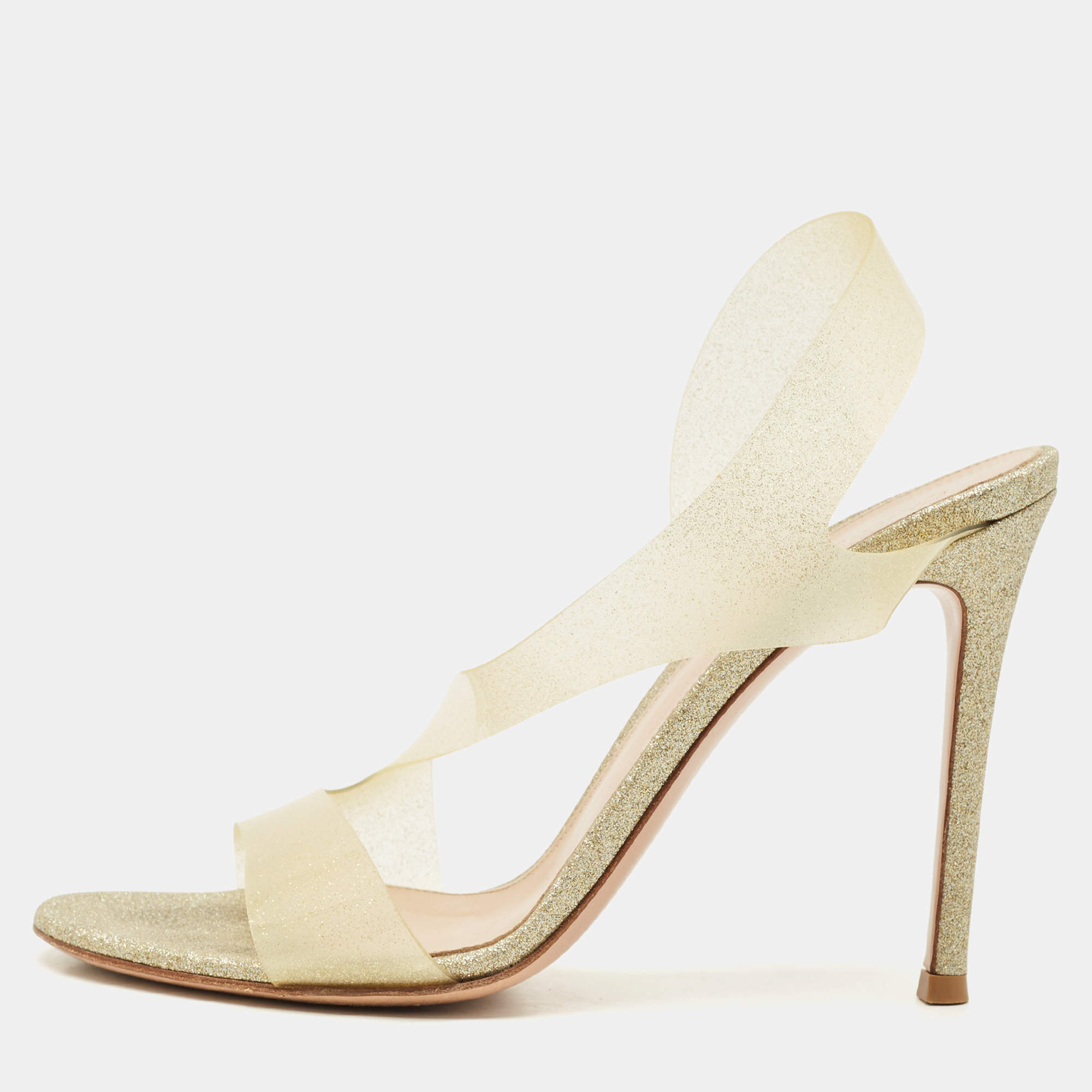 Pre Owned Gianvito Rossi Metallic Gold PVC Metropolis Slingback Sandals Size 37.5