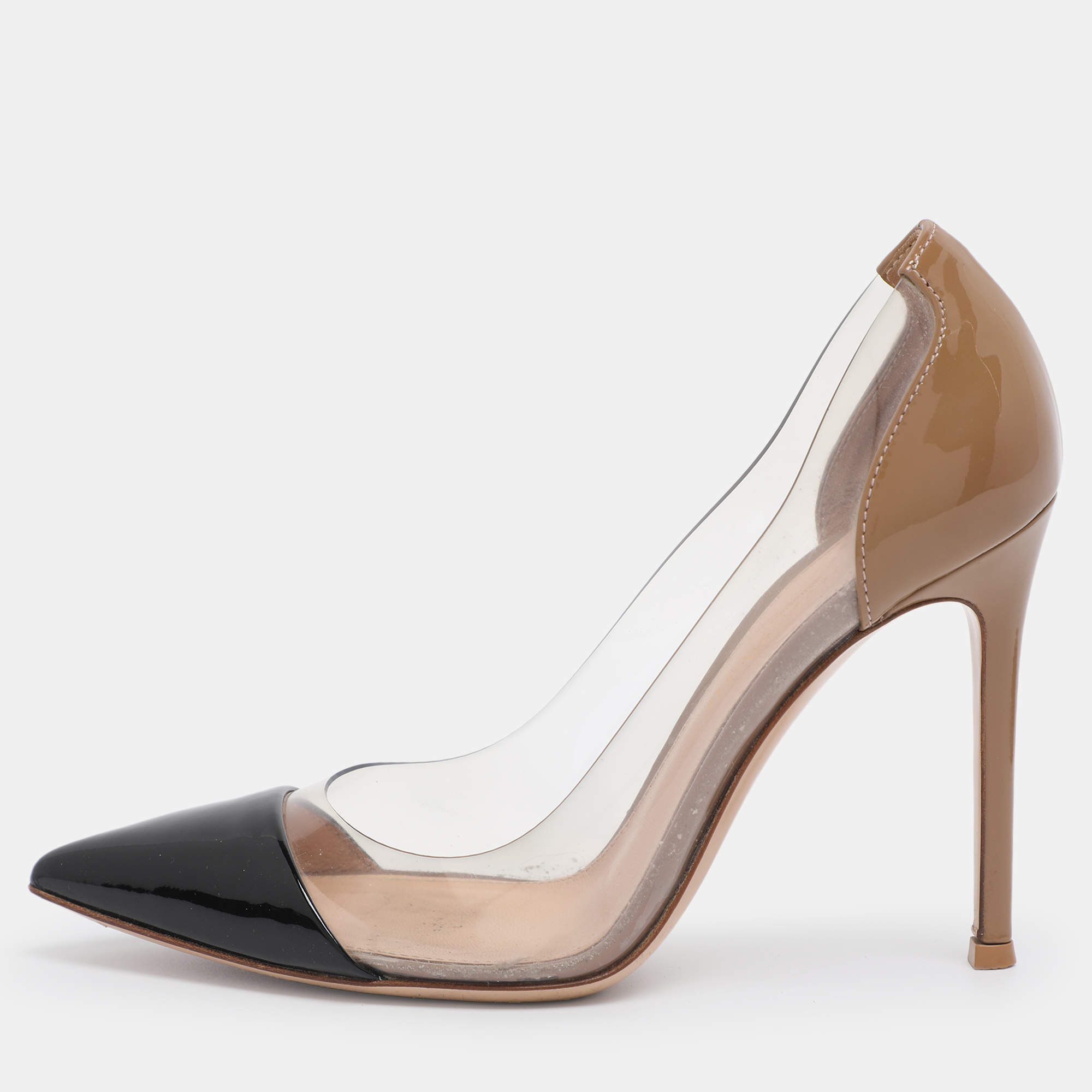 Pre Owned Gianvito Rossi Nude/Black Patent Leather And PVC Plexi Pointed Toe Pumps Size 35