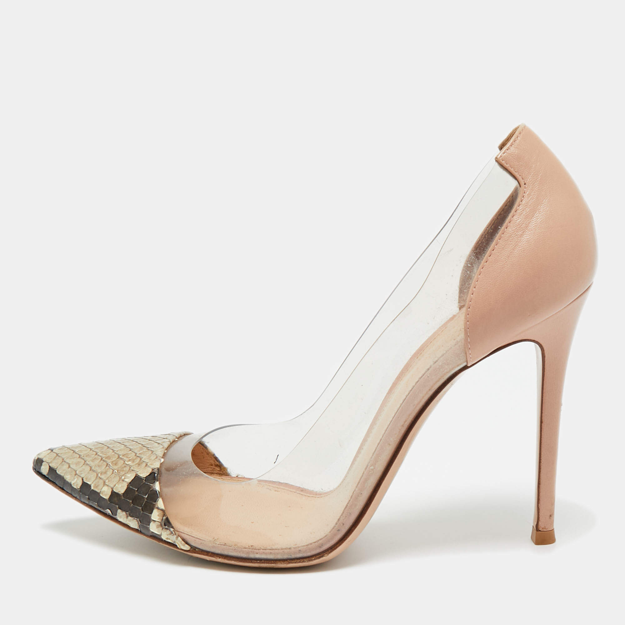 Pre Owned Gianvito Rossi Transparent/Beige PVC and Python Leather Plexi Pumps Size 39.5
