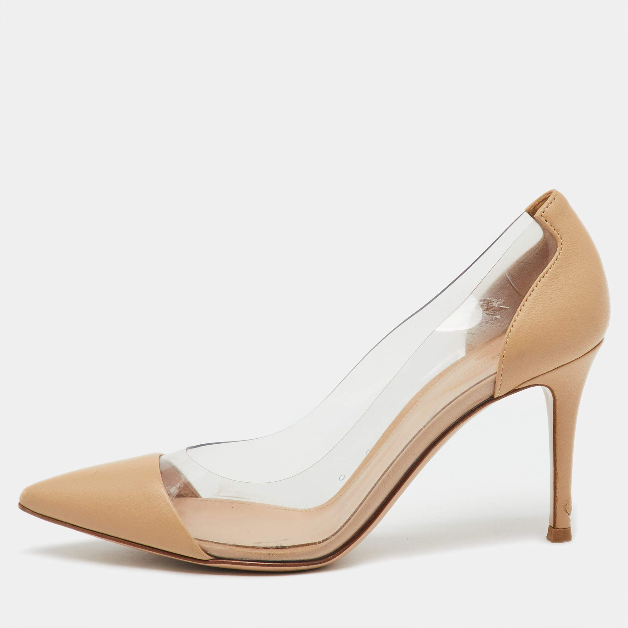 Pre Owned Gianvito Rossi Beige/Transparent Leather and PVC Plexi Pointed Toe Pumps Size 36.5