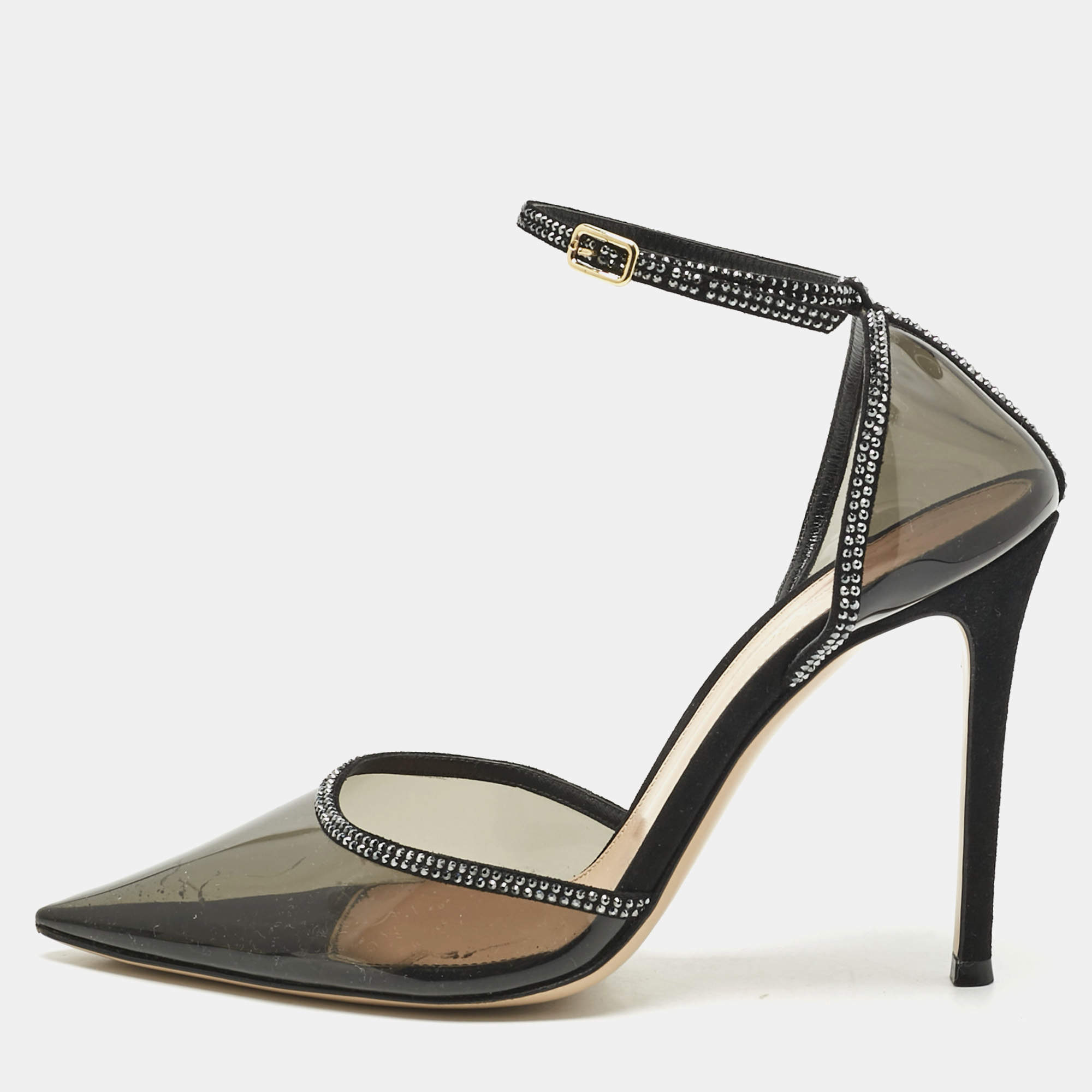 Pre Owned Gianvito Rossi Black PVC and Leather Crystal Embellished Ankle Strap Pumps Size 38