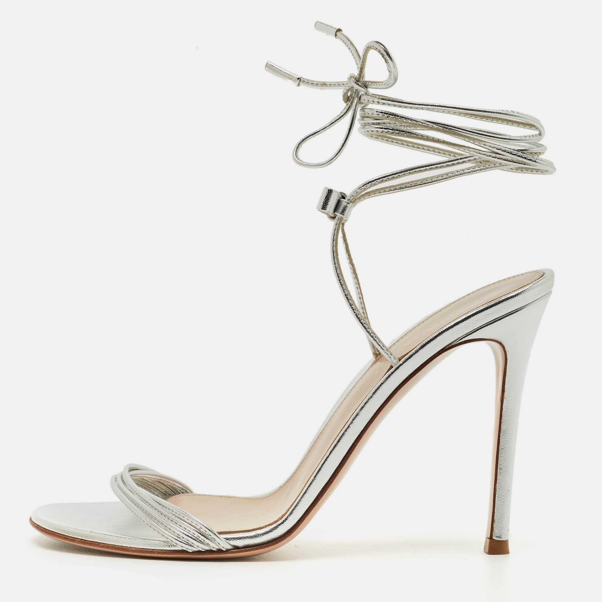 Pre Owned Gianvito Rossi Silver Leather Bow Ankle Wrap Sandals Size 37.5