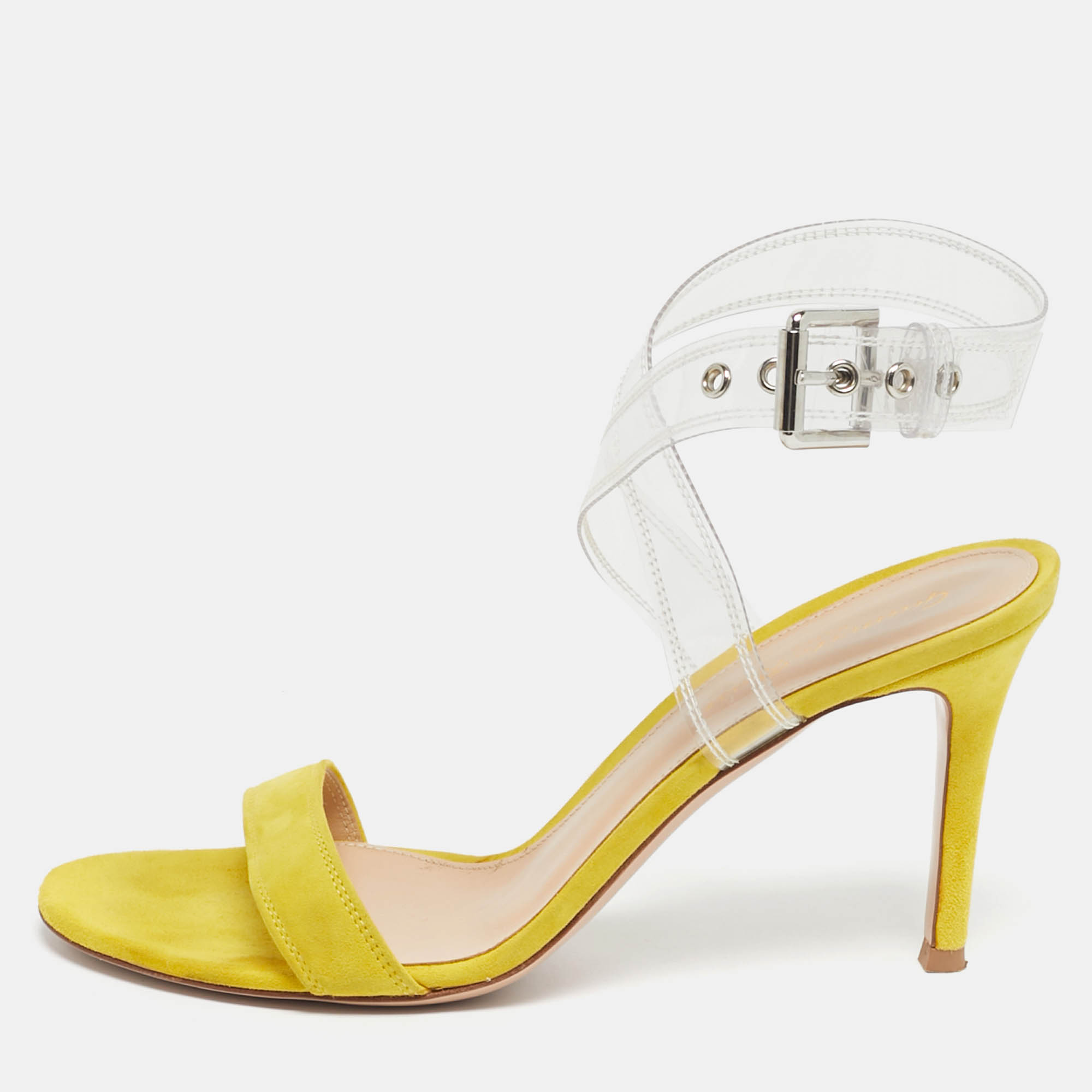 Pre Owned Gianvito Rossi Yellow/Transperent PVC and Suede Stella Ankle Strap Sandals Size 37.5