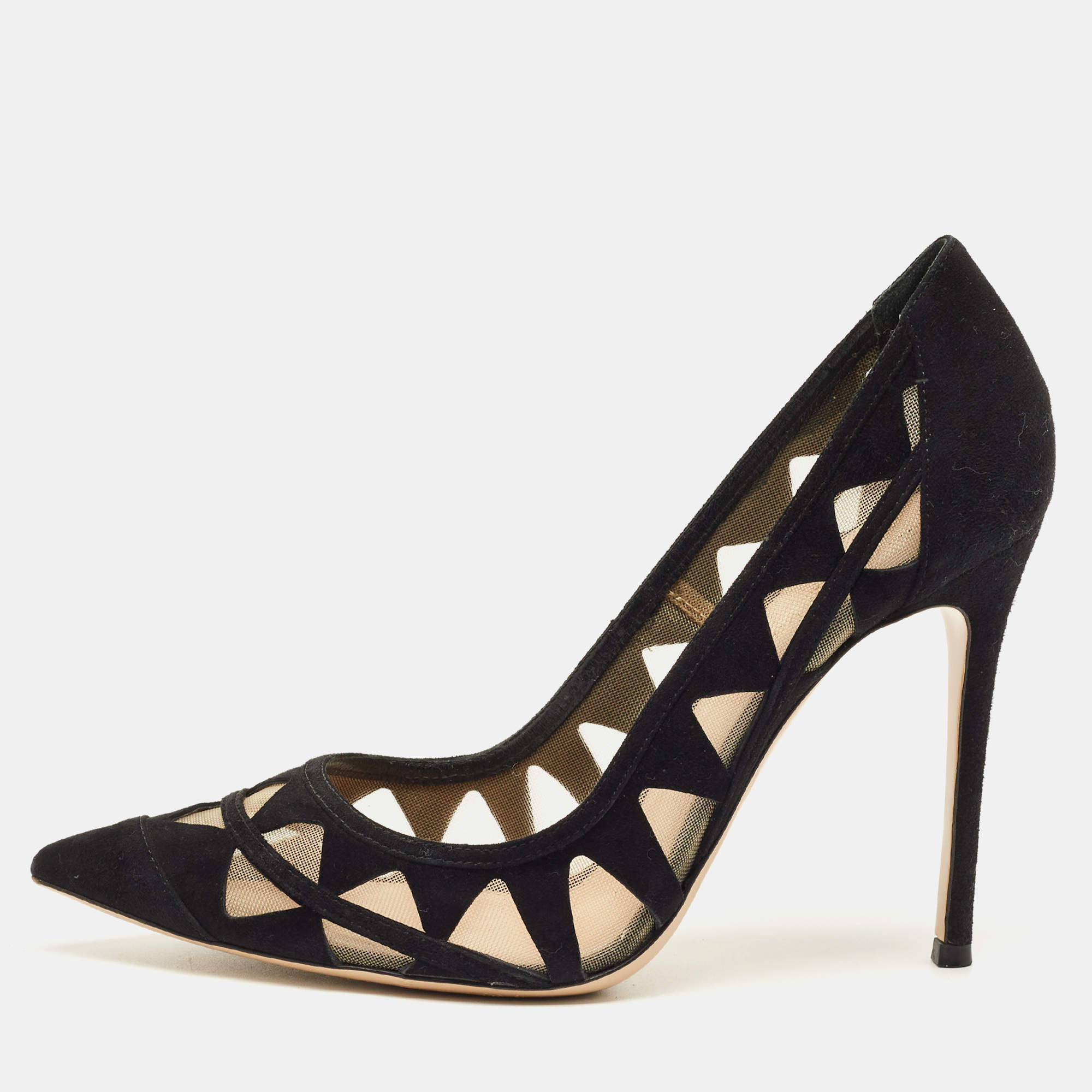 Pre Owned Gianvito Rossi Black Suede and Mesh Maxine Laser Cut Pointed Toe Pumps Size 40