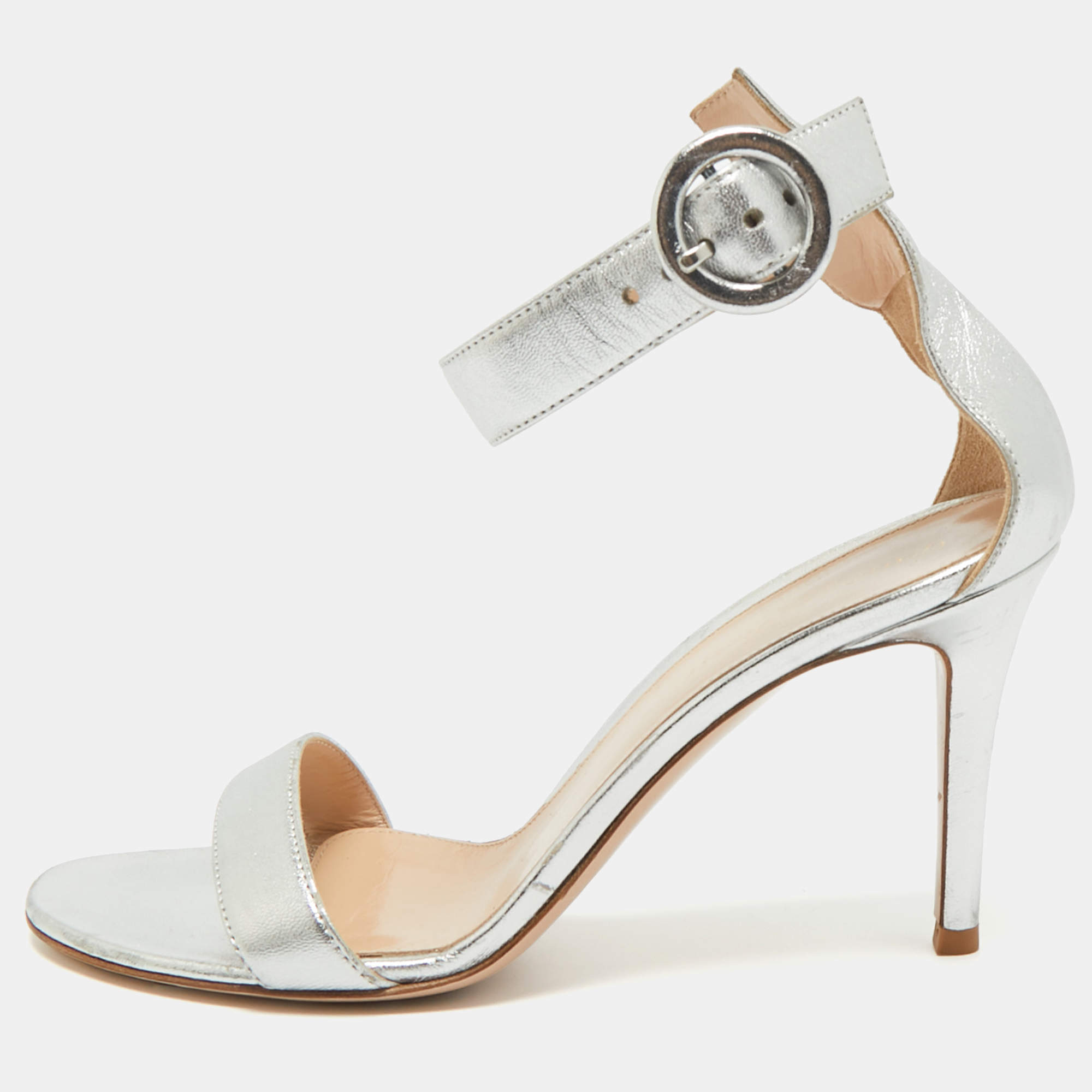 Pre Owned Gianvito Rossi Silver Leather Portofino Ankle Strap Sandals Size 37