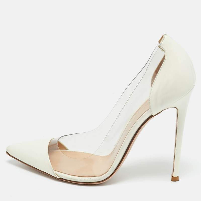 Pre Owned Gianvito Rossi White Patent Leather and PVC Plexi Pointed Toe Pumps 38.5