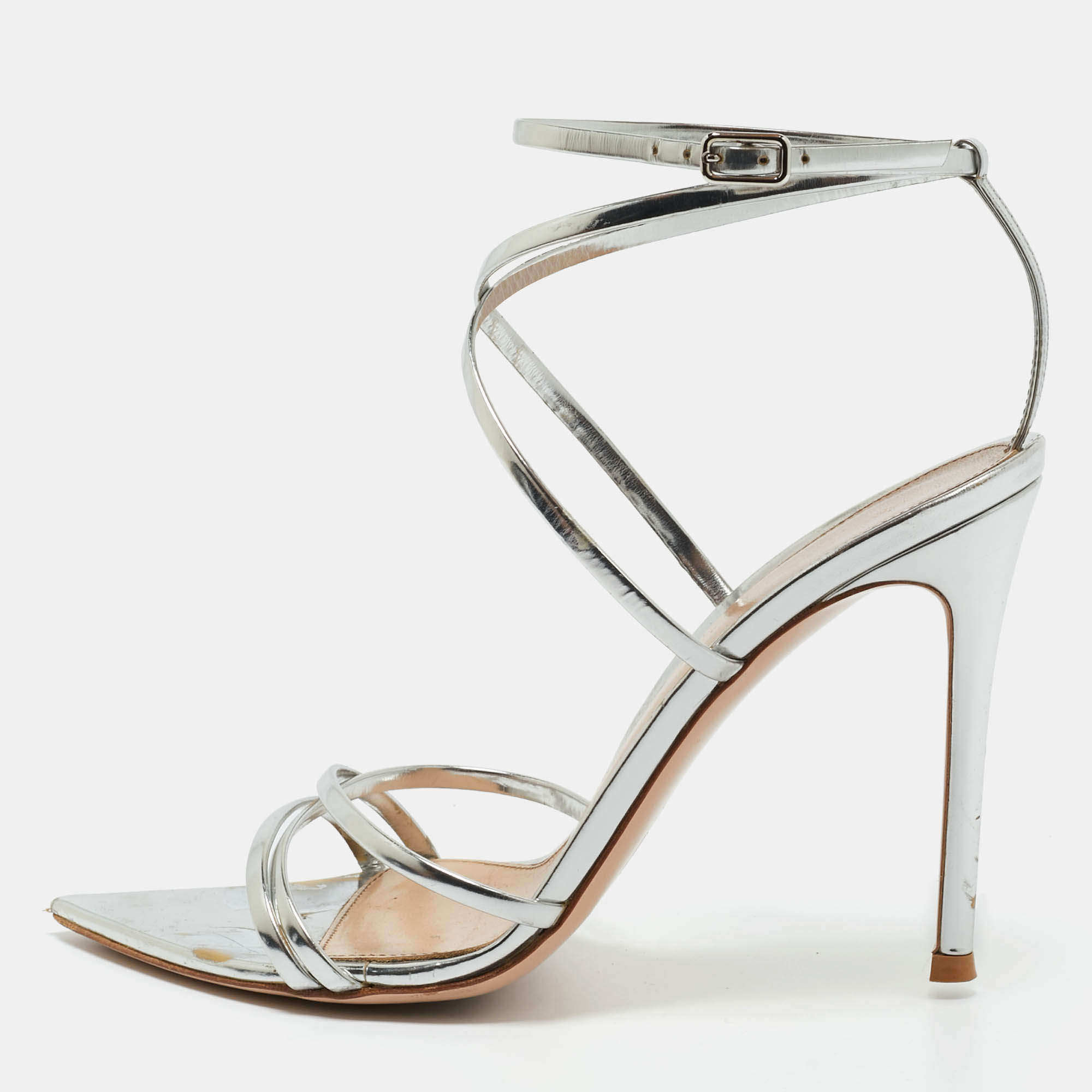 Pre Owned Gianvito Rossi Silver Leather Kim Ankle Wrap Sandals Size 37.5