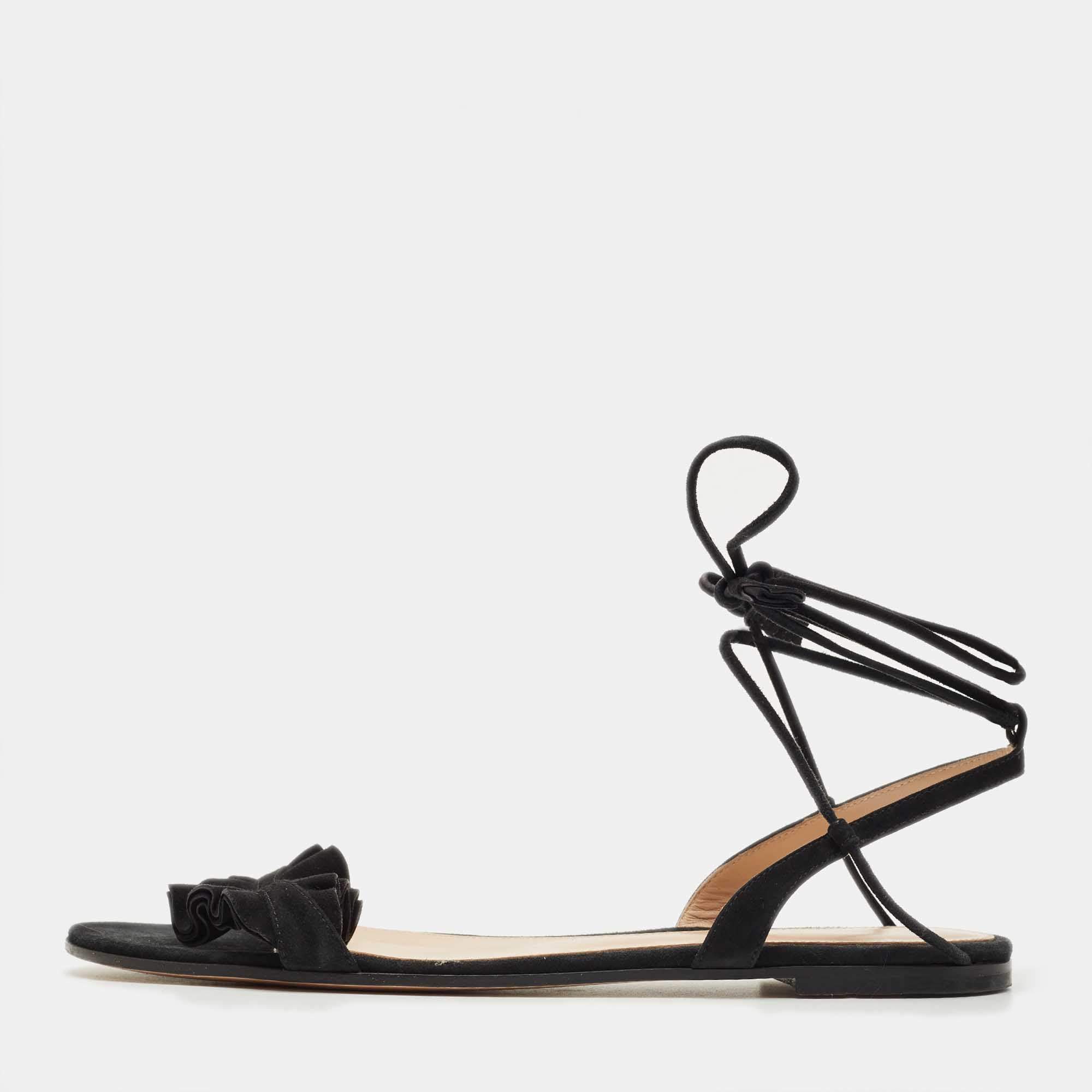 Pre Owned Gianvito Rossi Black Suede Ruffle Detail Ankle Wrap Flat Sandals Size 41