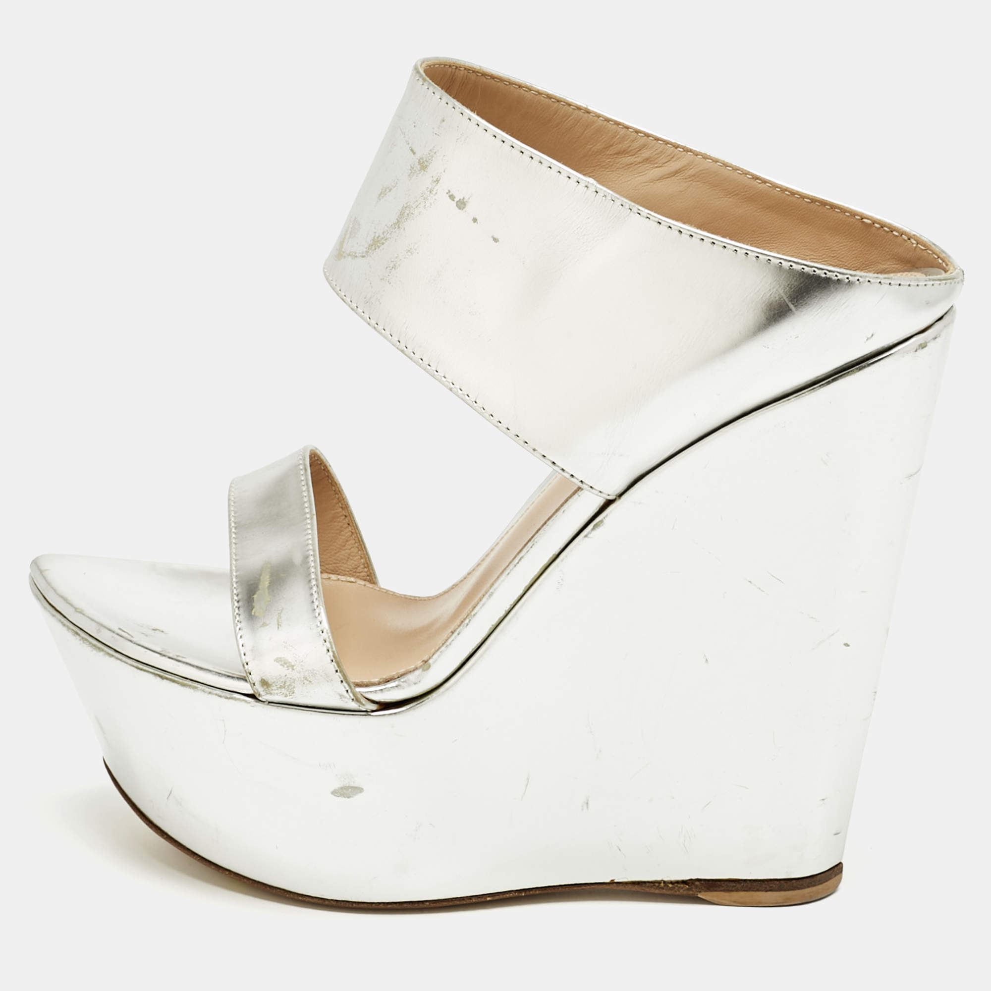Pre Owned Gianvito Rossi Silver Leather Wedge Sandals Size 36